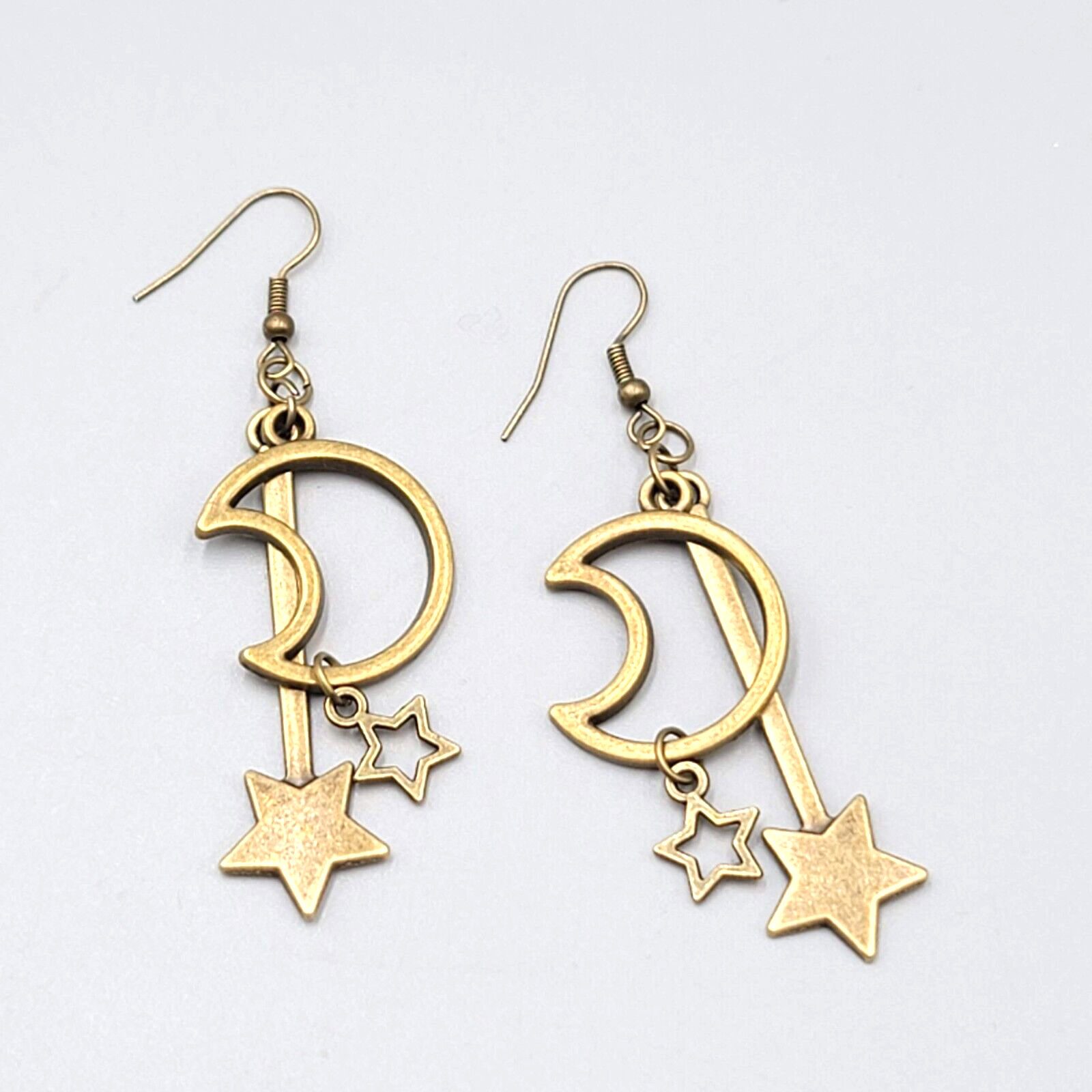 Open Work Moon Dangle Stars Pierced Earrings Bronze tone 2"