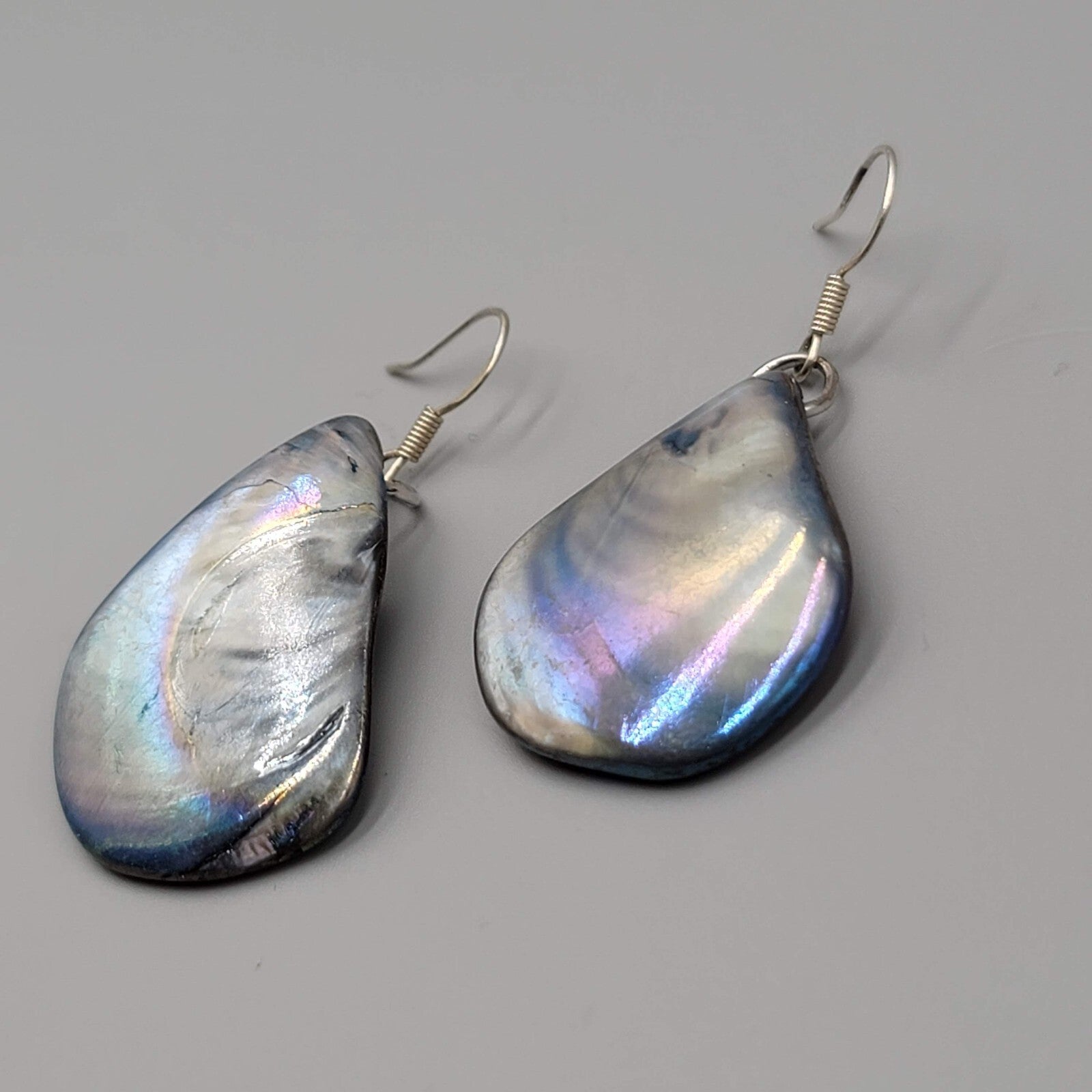 Real Seashell Pierced Earrings Blue Iridescent Sheen Dangle 1 3/8"