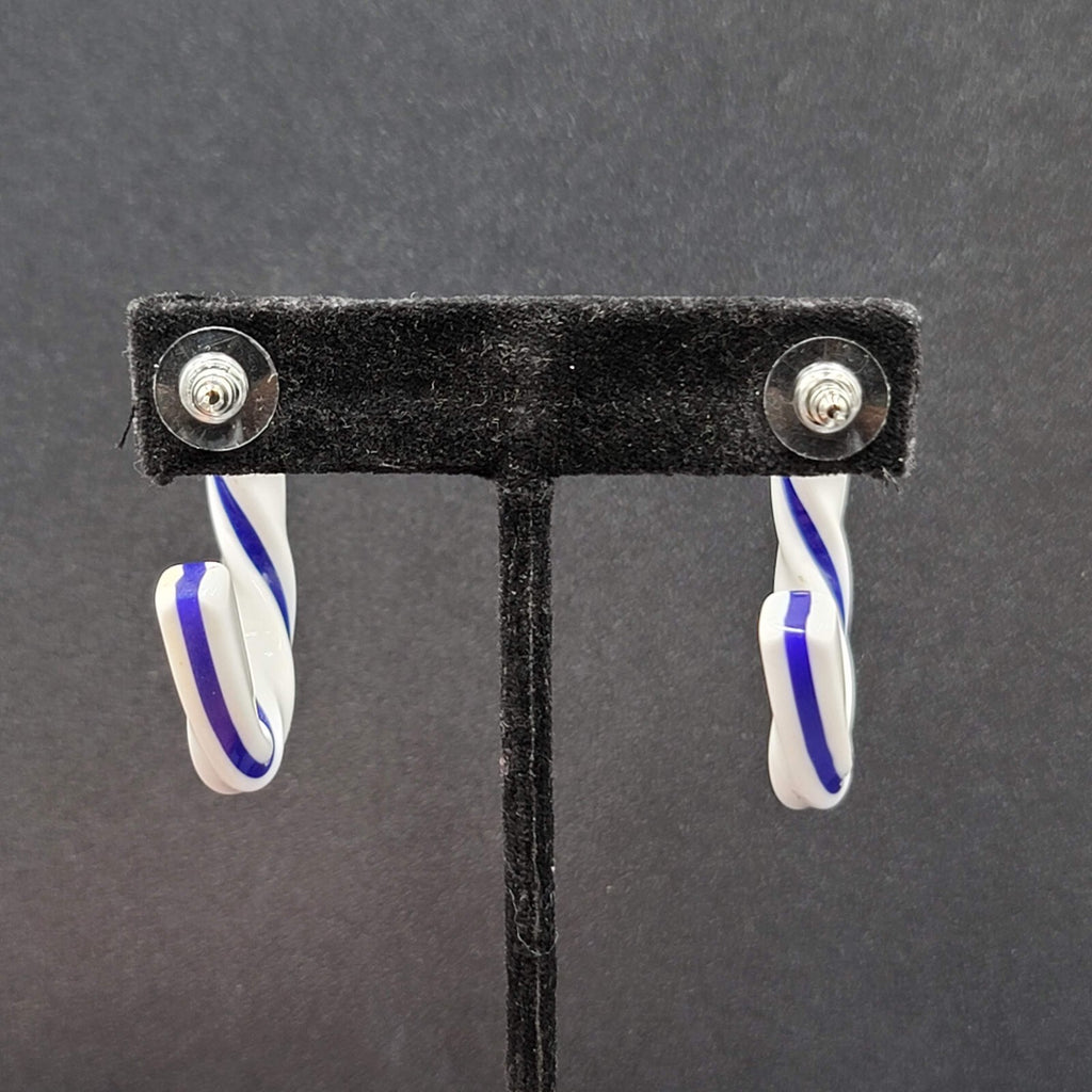 Pierced Earrings White Blue Acrylic Twist Hoops  1.5"