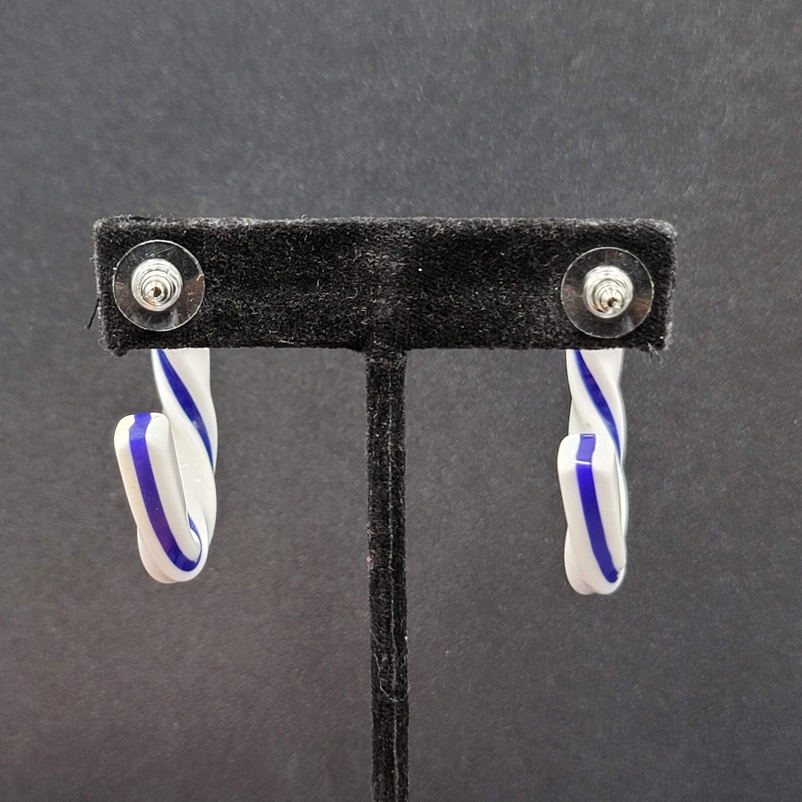 Pierced Earrings White Blue Acrylic Twist Hoops  1.5"