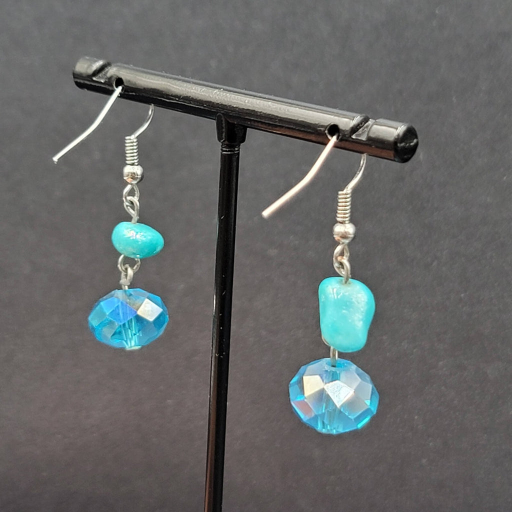 Pierced Earrings Silver tone Turquoise Stone Blue Crystal Bead Dangle 7/8"
