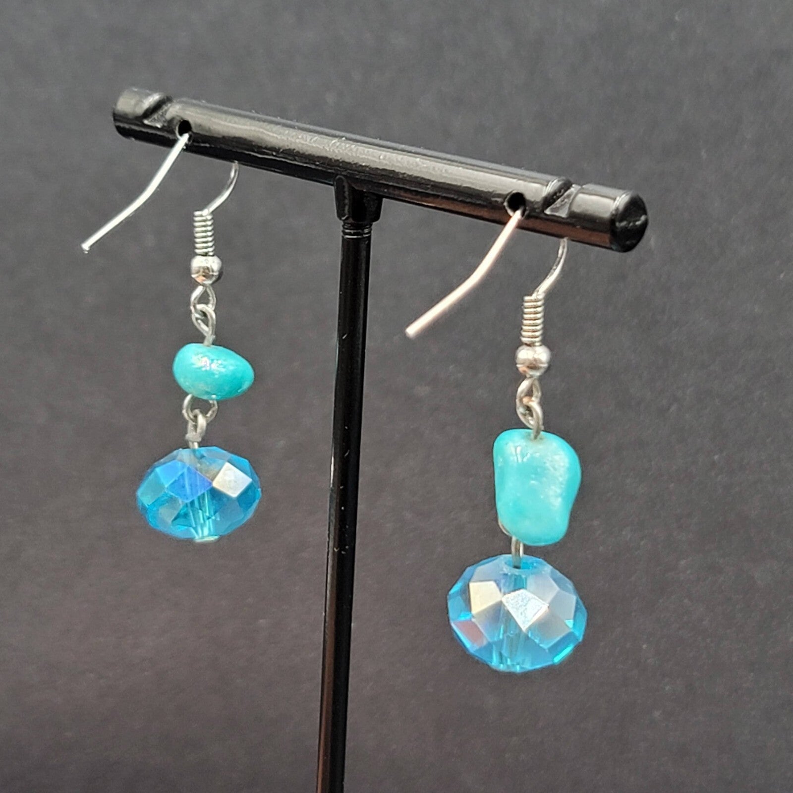Pierced Earrings Silver tone Turquoise Stone Blue Crystal Bead Dangle 7/8"