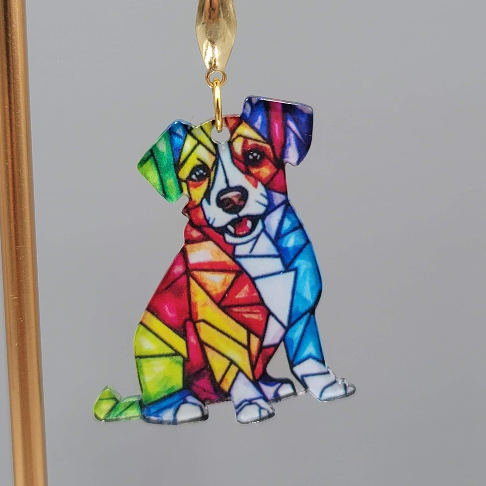 Mosiac Dog Pierced Earrings Multicolor Acrylic Dangle Gold tone Hook 1.5"