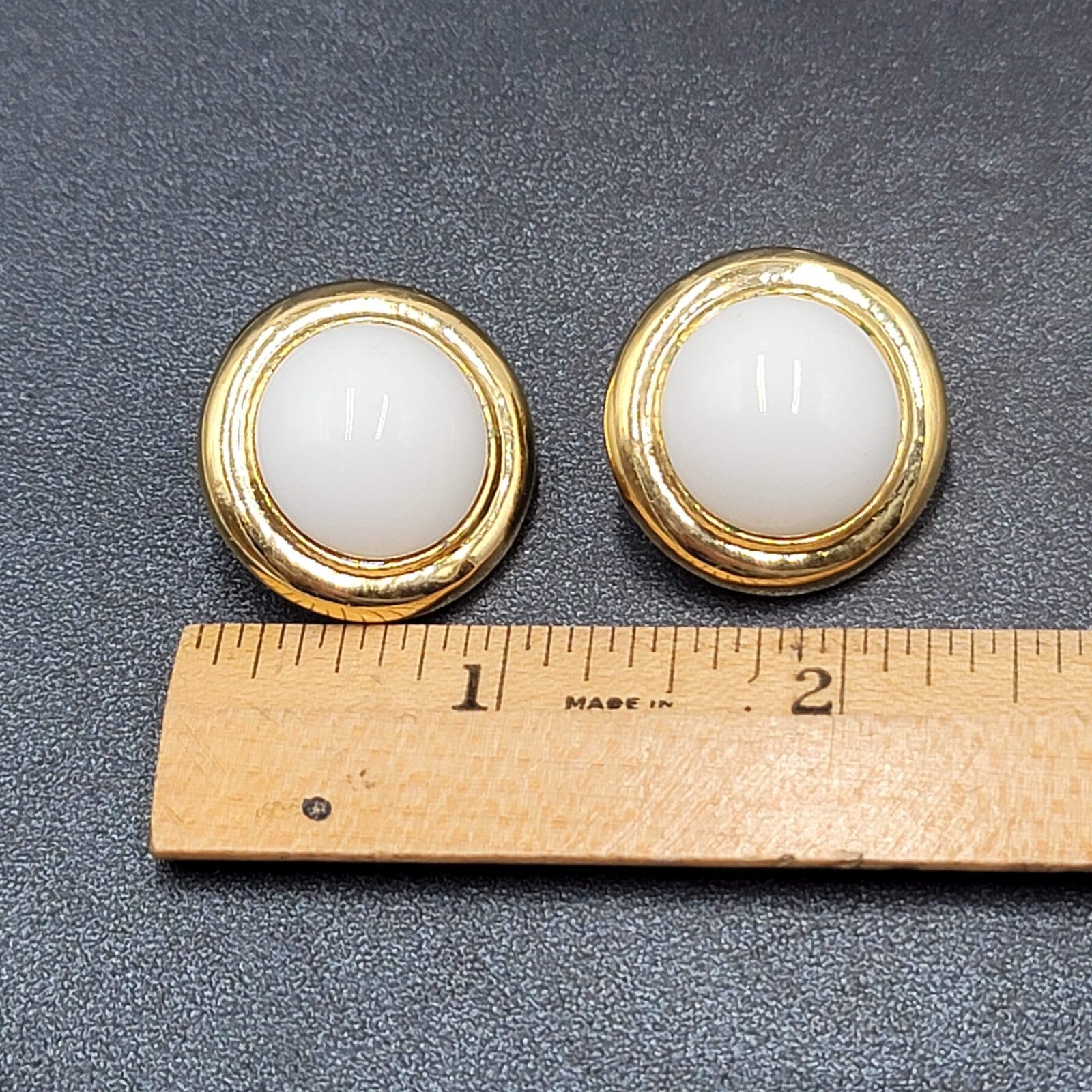 Vintage Clip on Earrings Gold tone White Acrylic Dome Drop Studs 1"