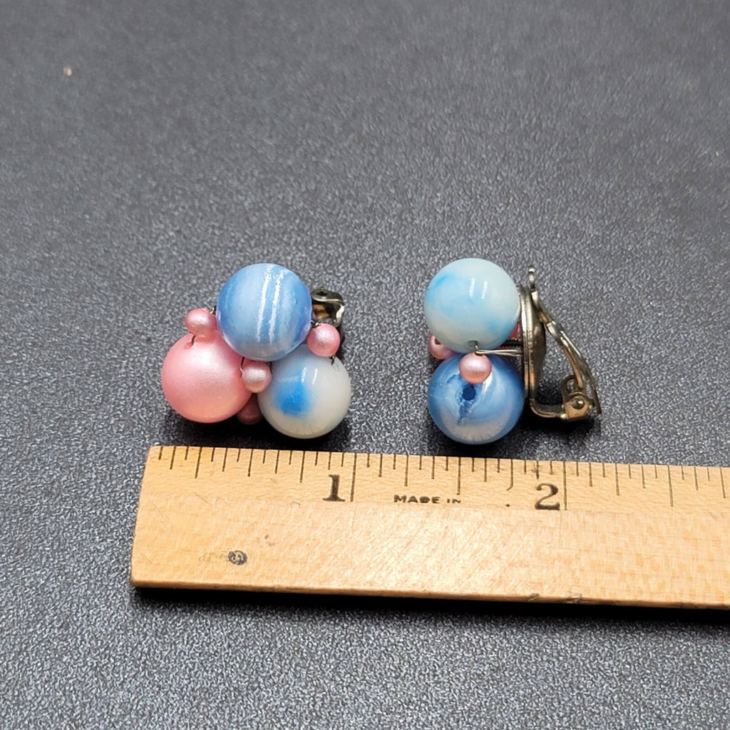 Vintage Clip on Earrings Pink Blue Cluster Beaded Japan 7/8"
