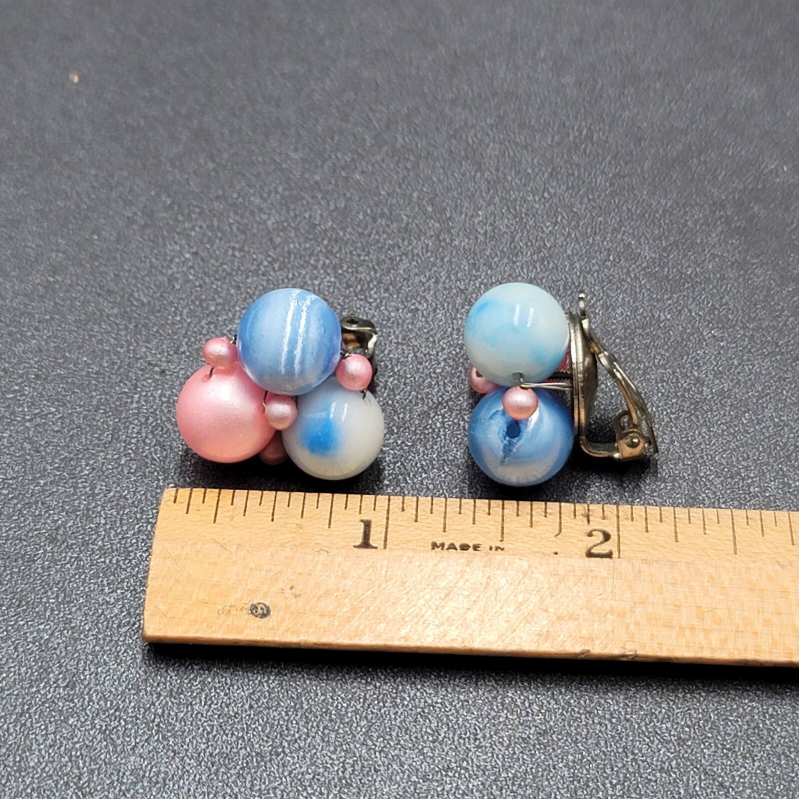 Vintage Clip on Earrings Pink Blue Cluster Beaded Japan 7/8"