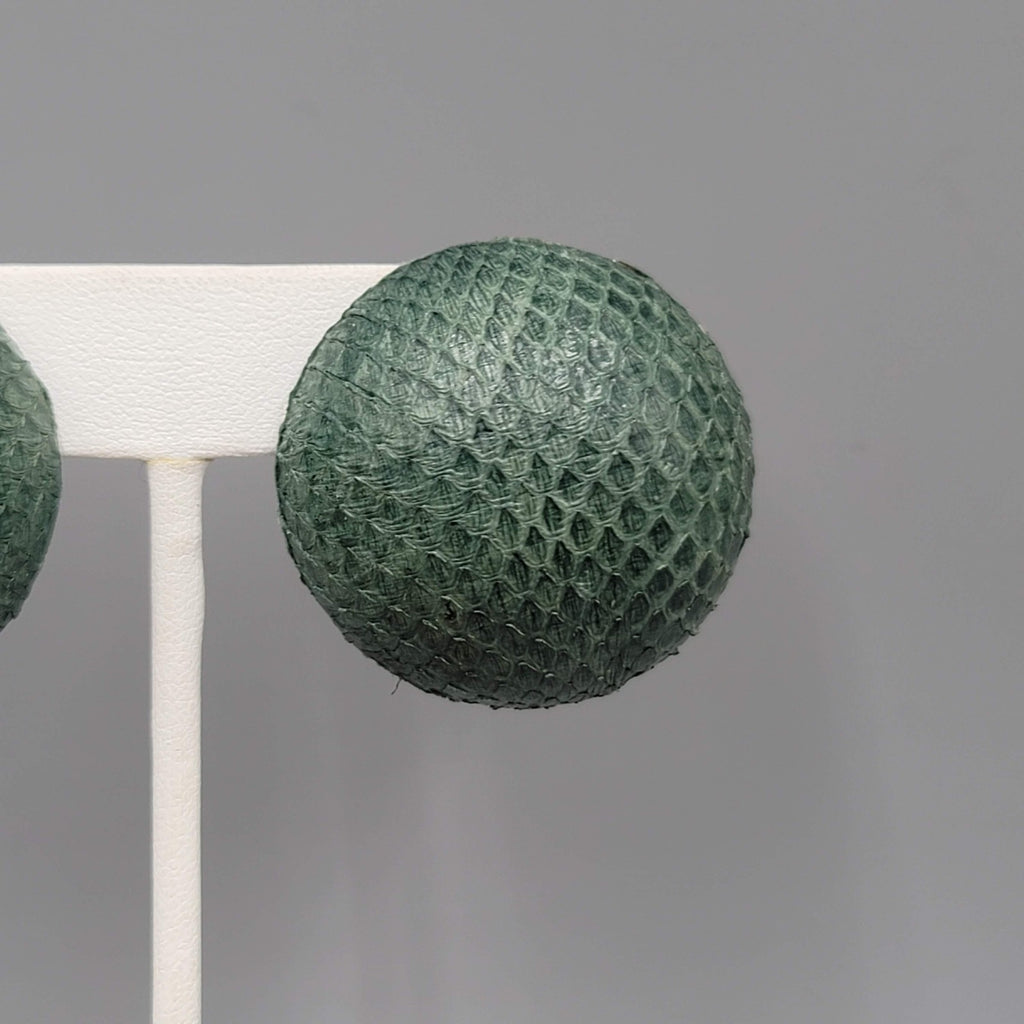 Vintage Green Faux Snake Skin Pierced Earrings Large Dome Statement 1.25 in