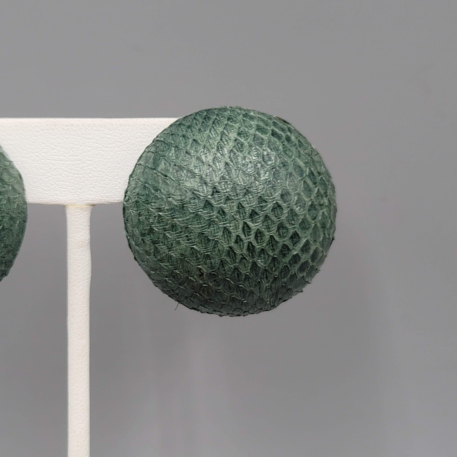 Vintage Green Faux Snake Skin Pierced Earrings Large Dome Statement 1.25 in