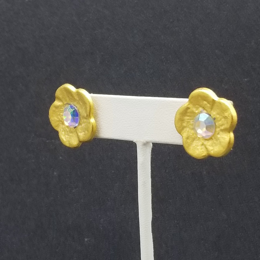 Pierced Earrings Gold tone Glower Aurora Borealis Crystal Stud 3/4'