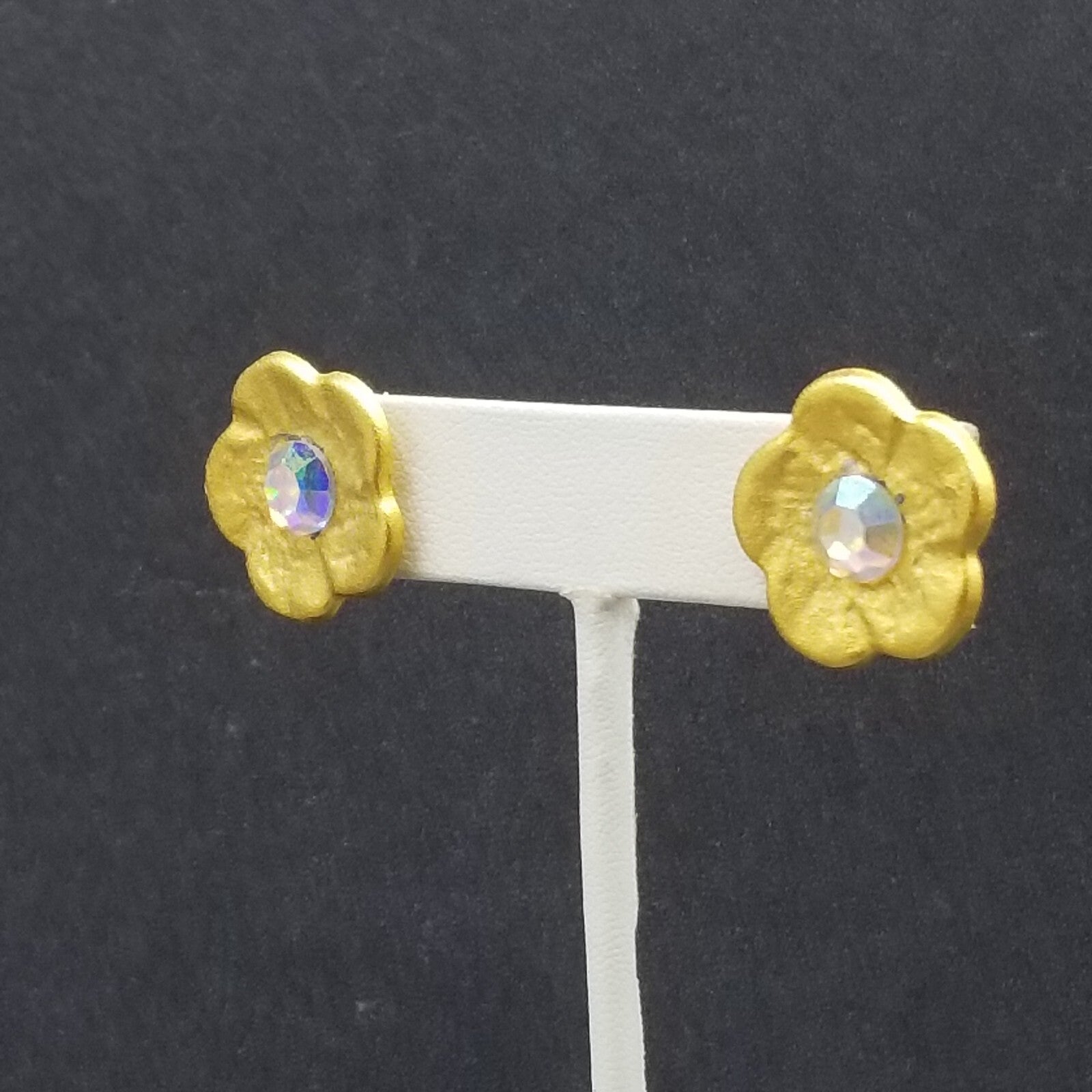 Pierced Earrings Gold tone Glower Aurora Borealis Crystal Stud 3/4'
