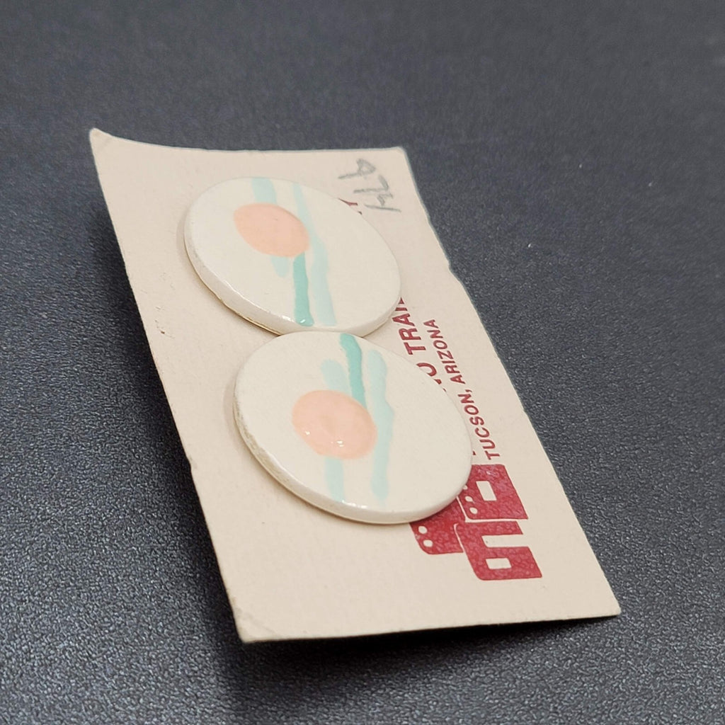 Vintage Tohono Trail Pottery Pierced Earrings White Peach Teal Discs 1.25"