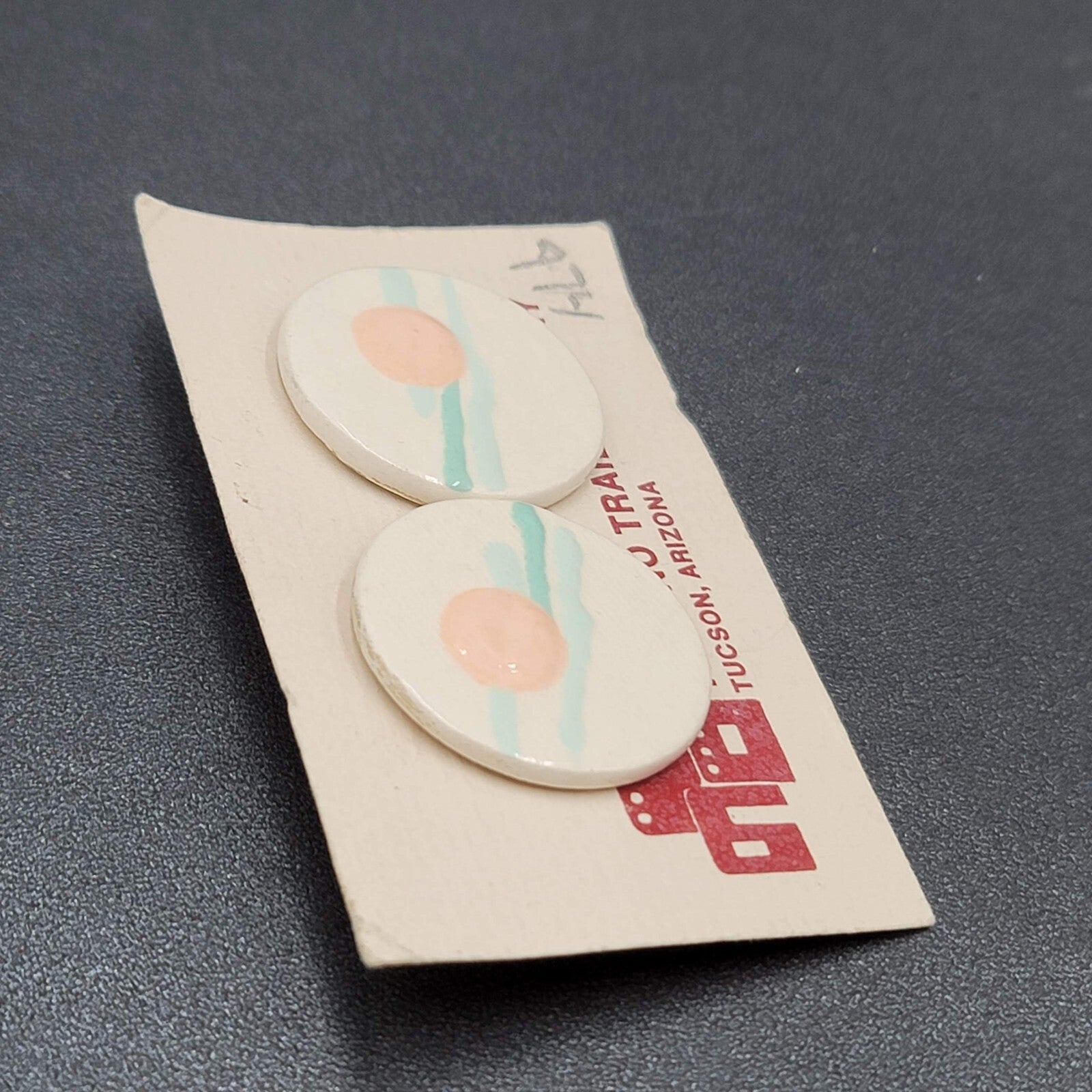 Vintage Tohono Trail Pottery Pierced Earrings White Peach Teal Discs 1.25"