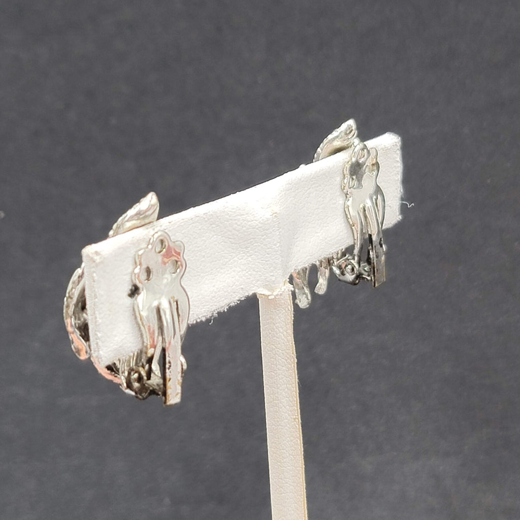 Vintage Clip on Earrings Silver tone 1 1/8" Textured Drop Leaves