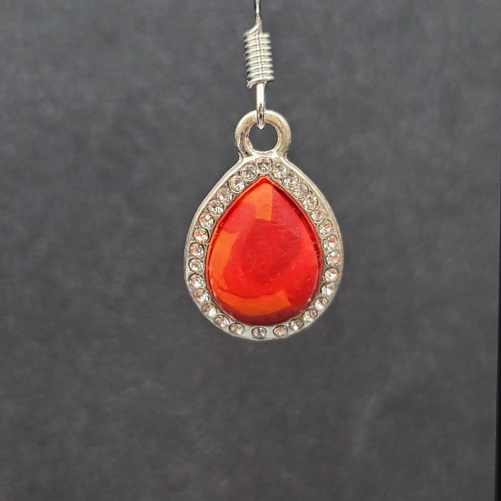 Pierced Earrings Silver tone Red Orange Polymer Clay Teardrop Rhinestone 3/4"