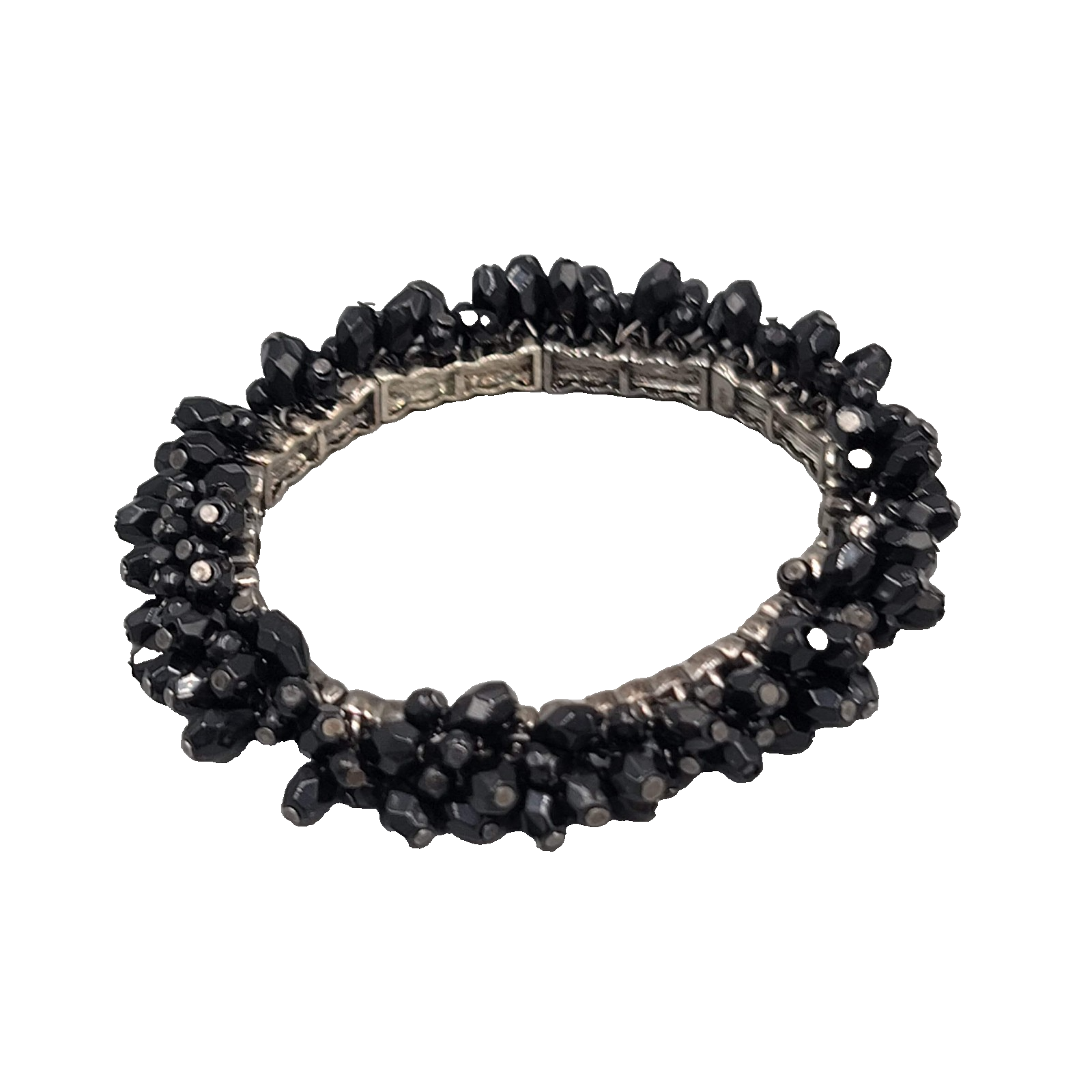 Black Glass Cluster Dangle Bead Bracelet Silver tone Elastic 6.75"