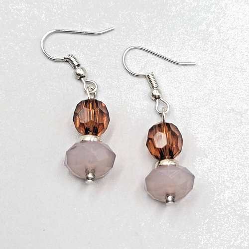 Brown Purple Faceted Glass Bead Pierced Earrings Silver tone Dangle  1 in