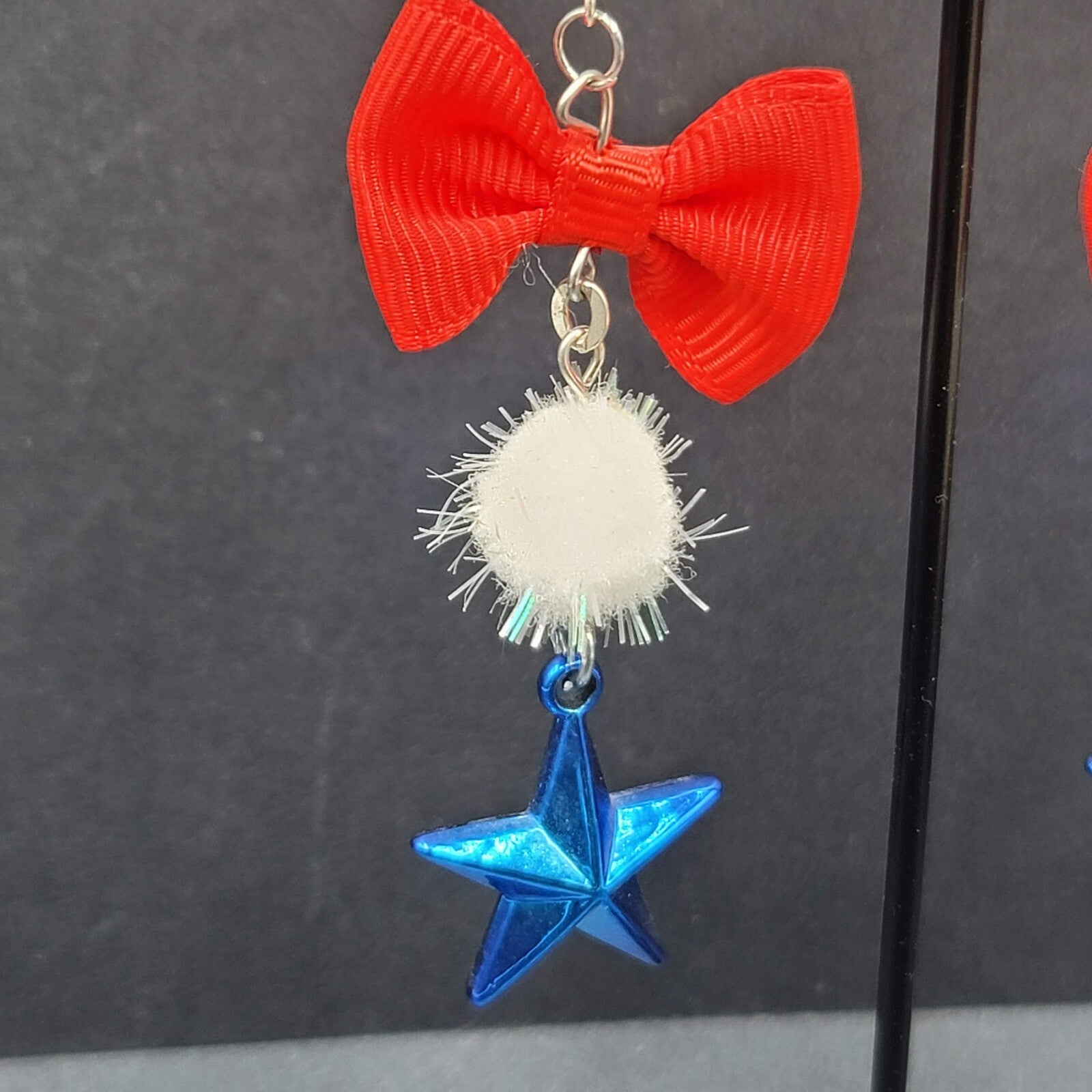 Patriotic Pierced Earrings Red Ribbon Bow Pom Pom Blue Star 2.75"