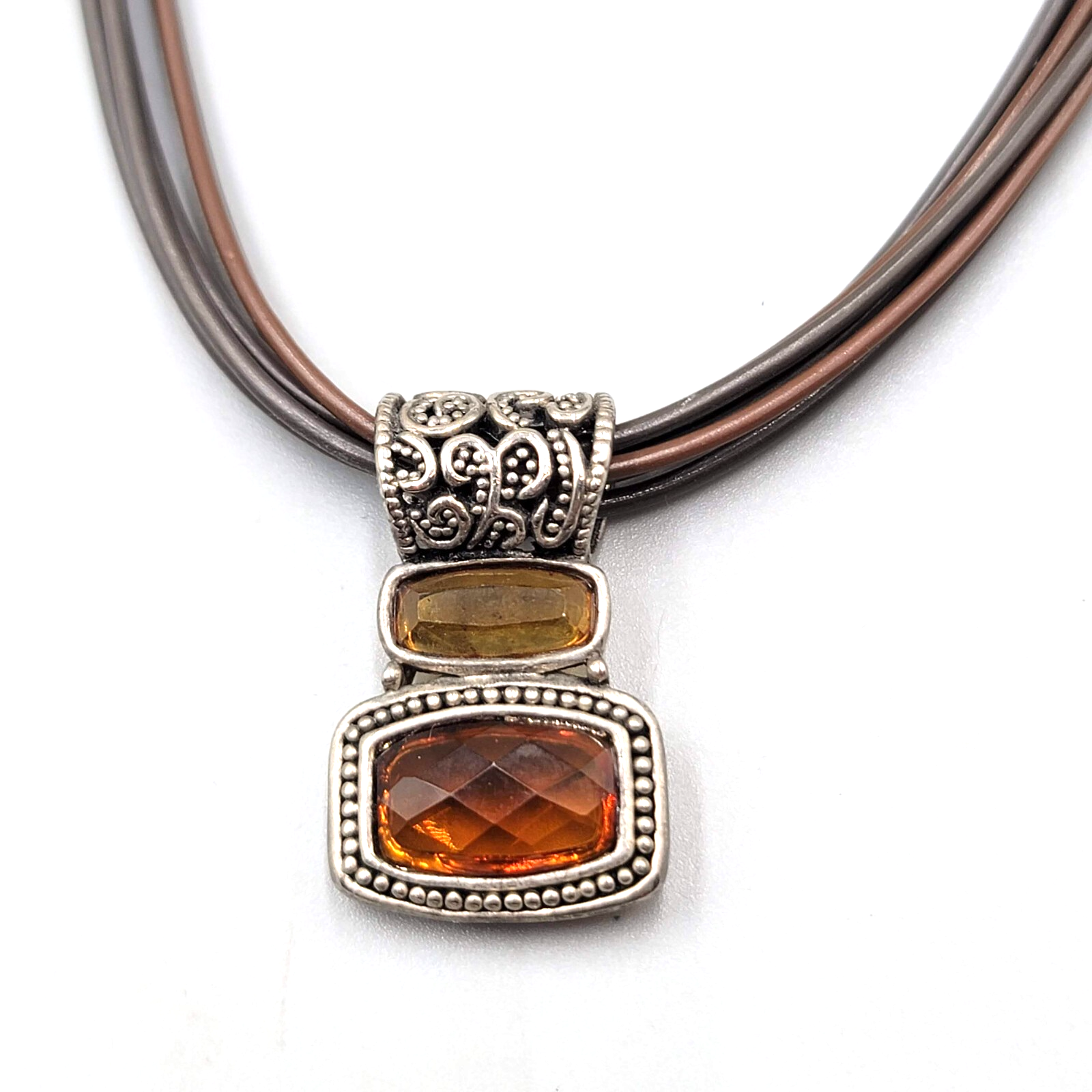 Cookie Lee Necklace Leather Cord Silver tone Orange Pendant 16"+