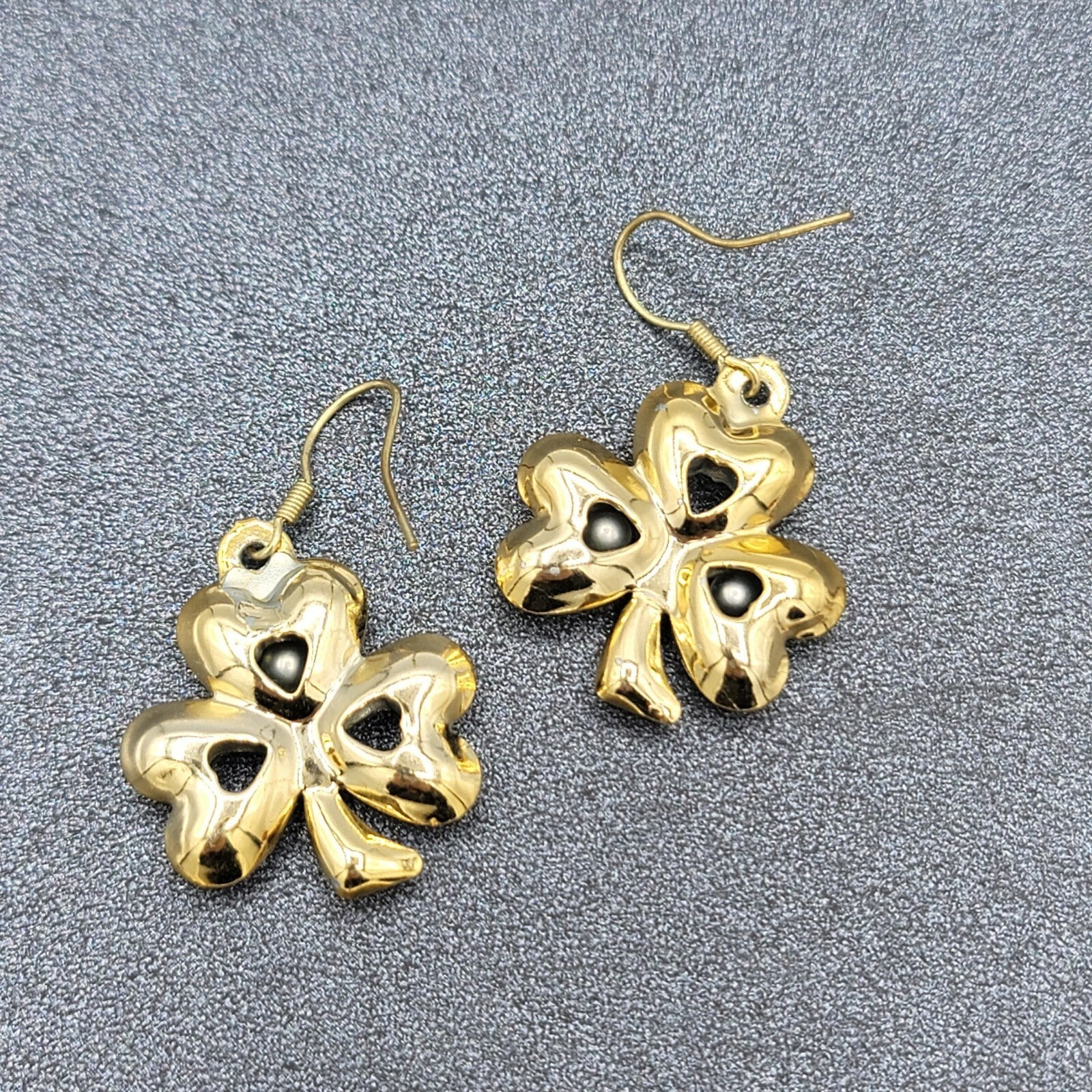 Clover Dangle Hook Dangle Pierced Earrings Jingle Bell Gold tone St Patricks Day