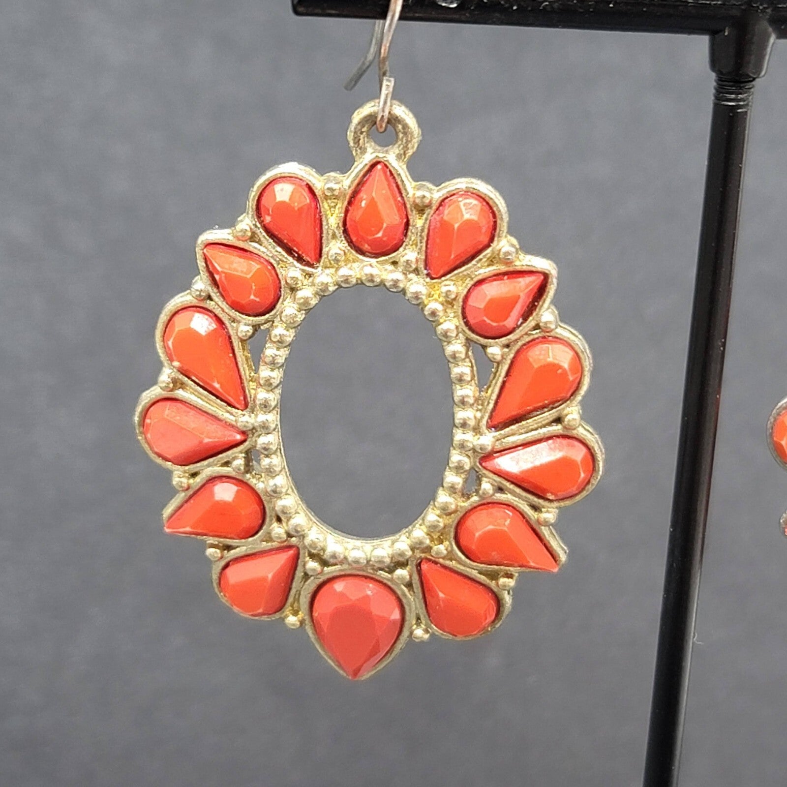 Pierced Earrings Gold tone Orange Open Teardrop Dangle 1.75"