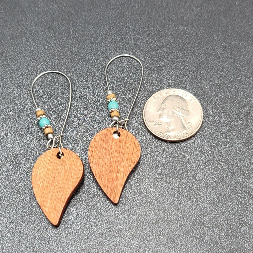 New Boho Pierced Earrings Long Hook Wood Leaf Beaded Dangle 2.75"