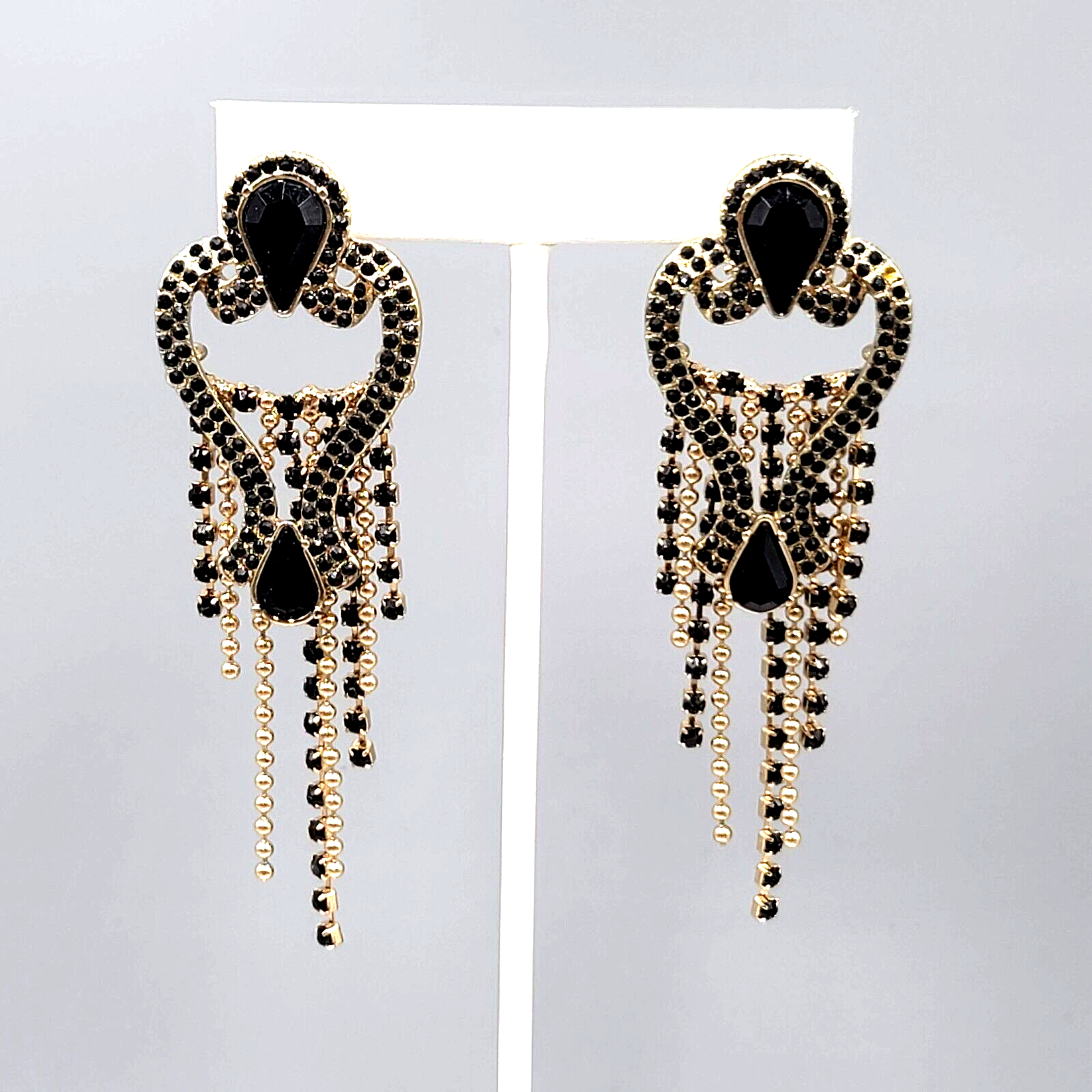 Statement Pierced Earrings Gold tone Black Rhinestone Chandelier Long 3.25"