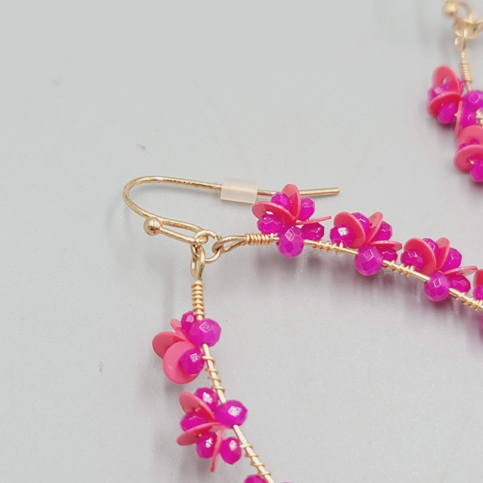 Pink Beaded Flower Teardrop Hoops Pierced Earrings Gold tone Dangle 2"