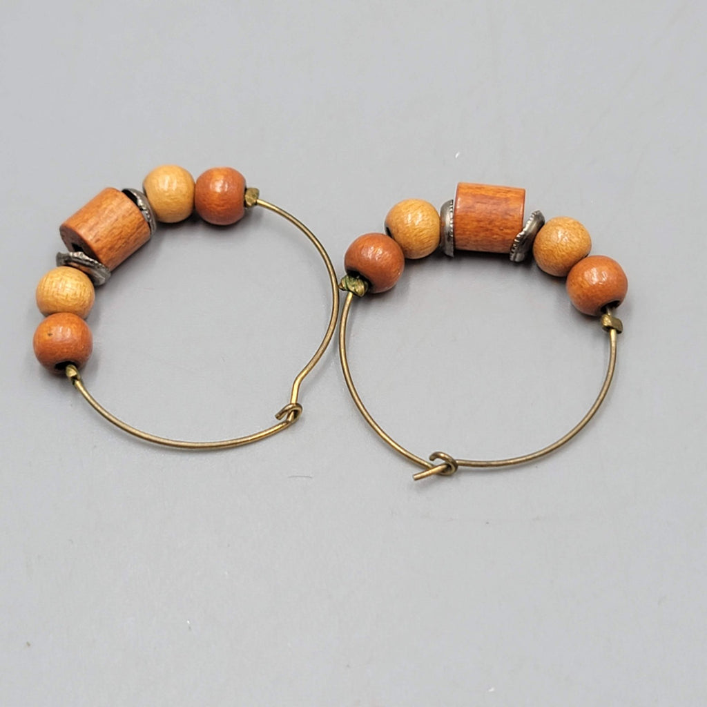 Wood Bead Hoops Pierced Earrings Bronze tone Dangle 1.25"