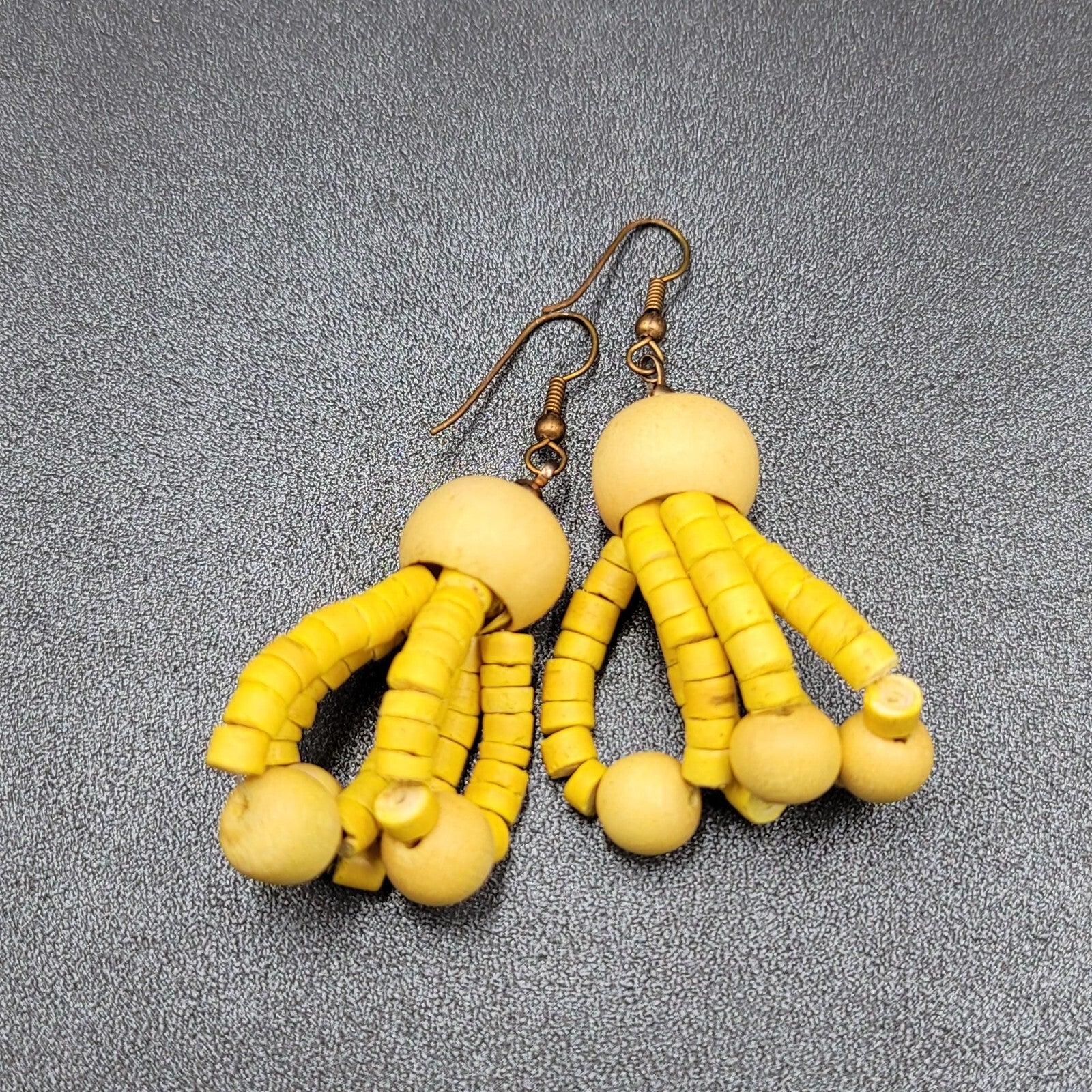 Vintage Pierced Earrings Wood Yellow Bead Dangle 1.75"