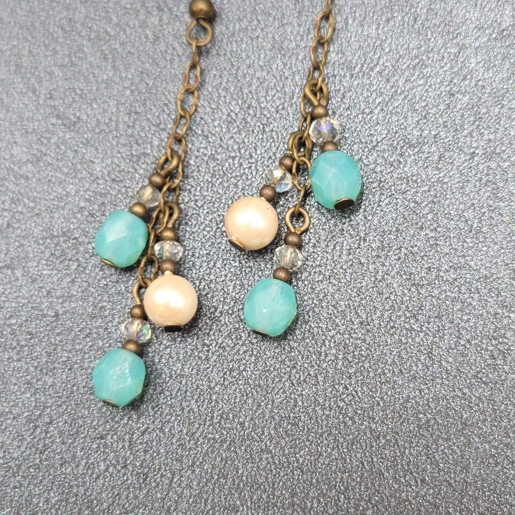 Pierced Earrings Bronze tone Blue Glass Bead Dangle Chains 1.75"