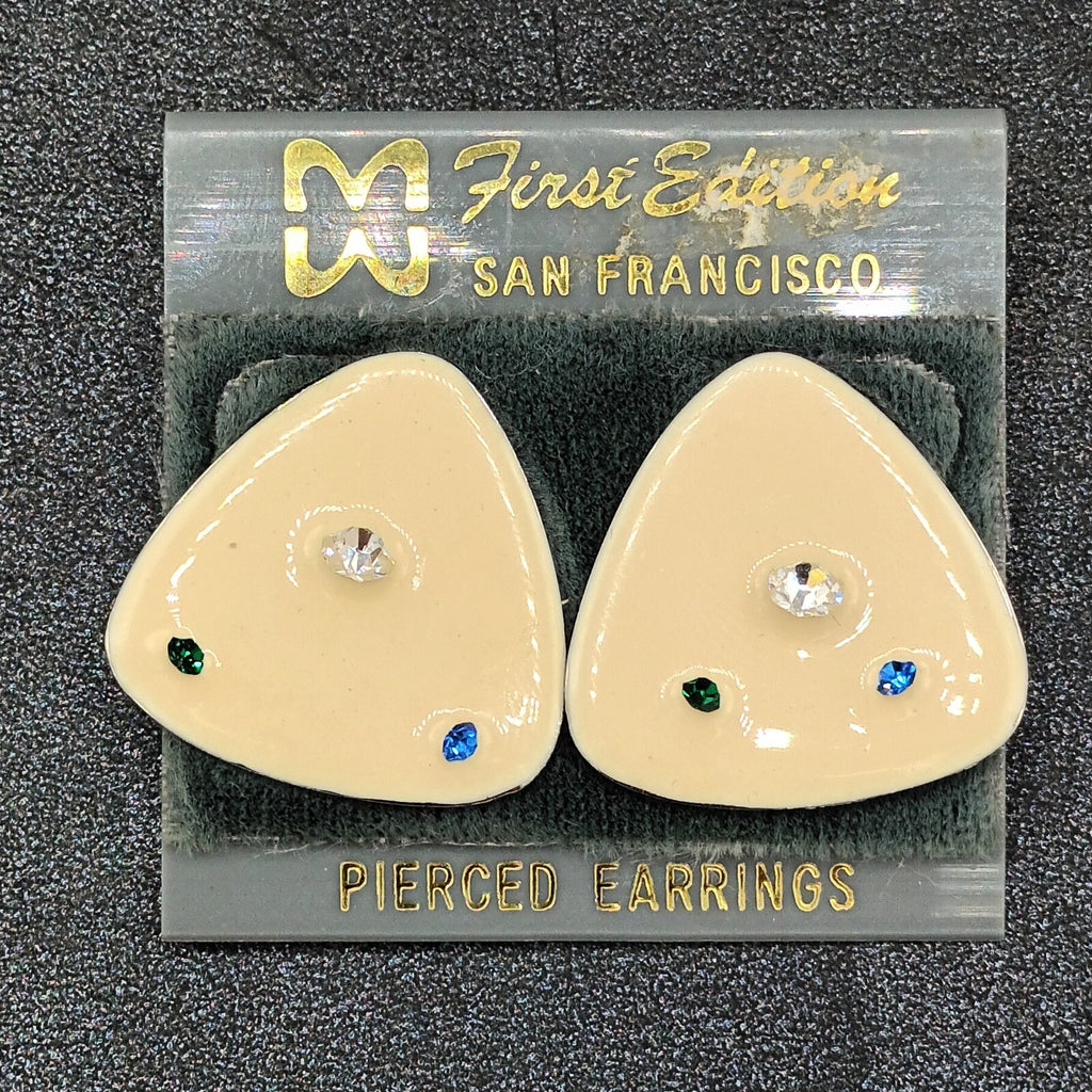 Vintage Pierced Earrings White Enamel Blue Clear Crystal Accent Triangle  1"