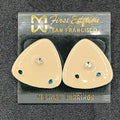 Vintage Pierced Earrings White Enamel Blue Clear Crystal Accent Triangle  1"