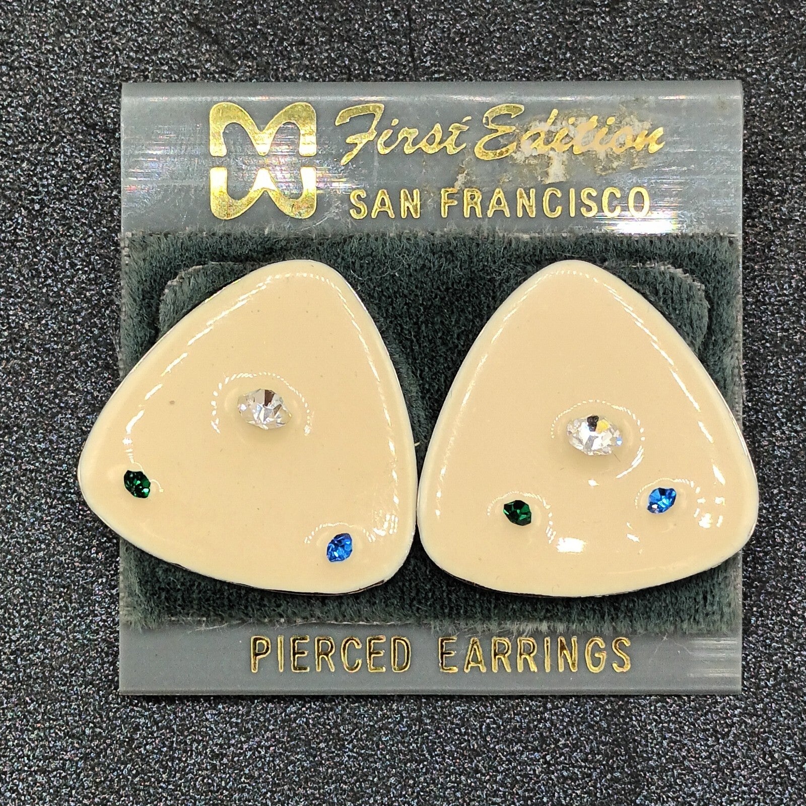 Vintage Pierced Earrings White Enamel Blue Clear Crystal Accent Triangle  1"