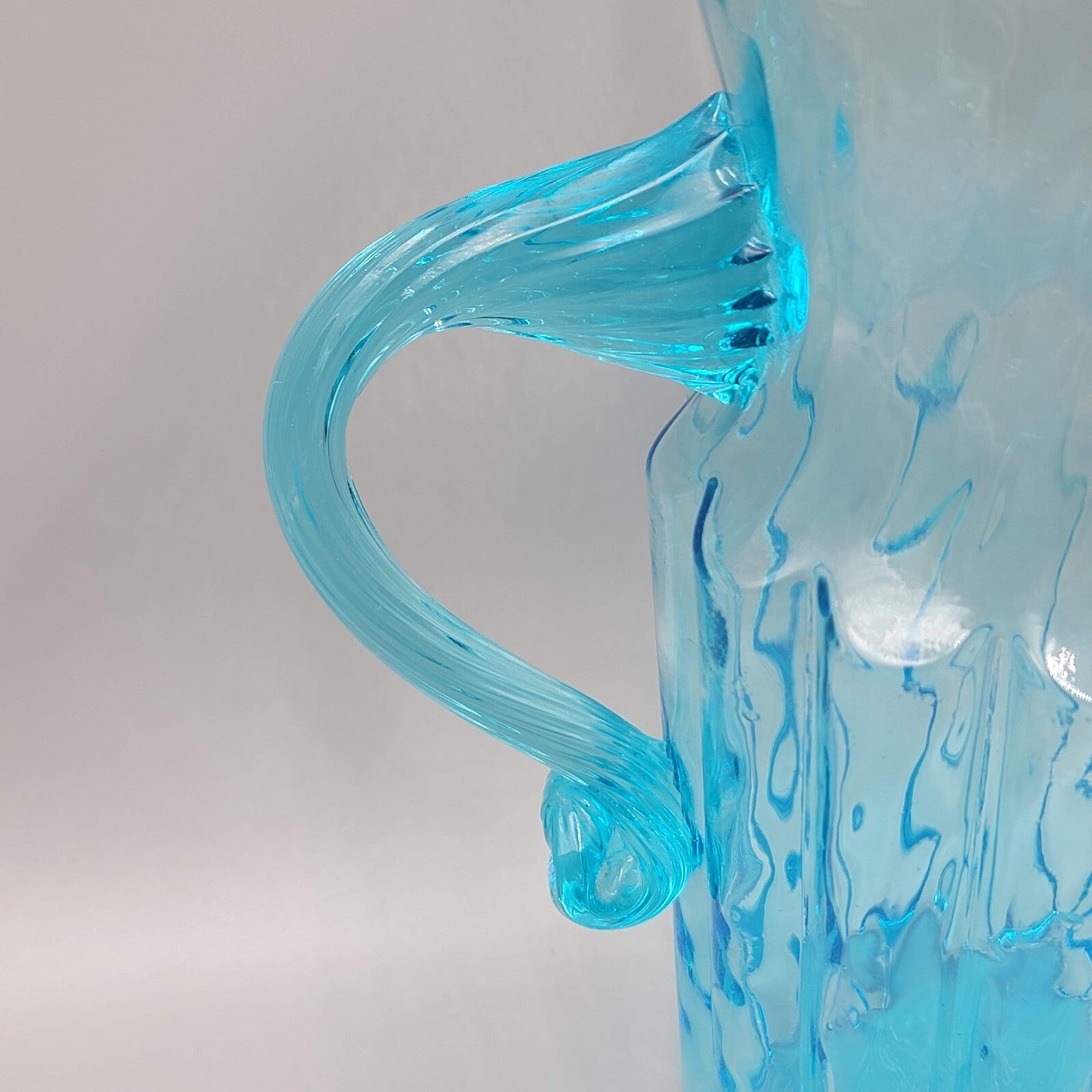 MCM Italian Empoli Ribbed Pillar Aqua Blue Art Glass Pitcher with Ice Lip 8"