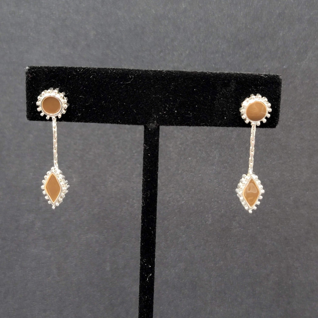 Pierced Earrings Silver tone Brown Enamel Dangle Unique Design  1.25"