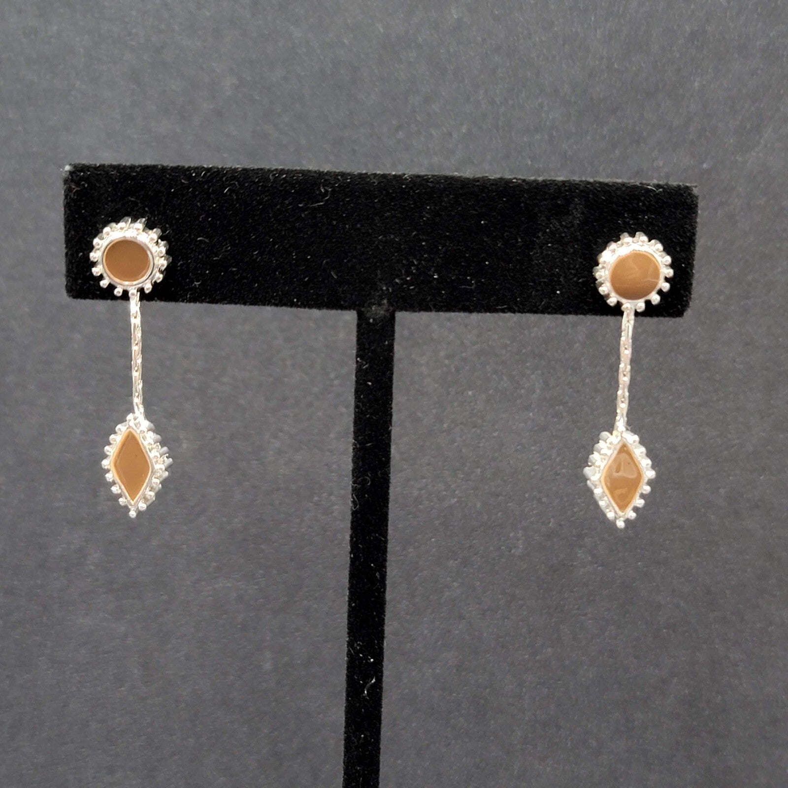 Pierced Earrings Silver tone Brown Enamel Dangle Unique Design  1.25"