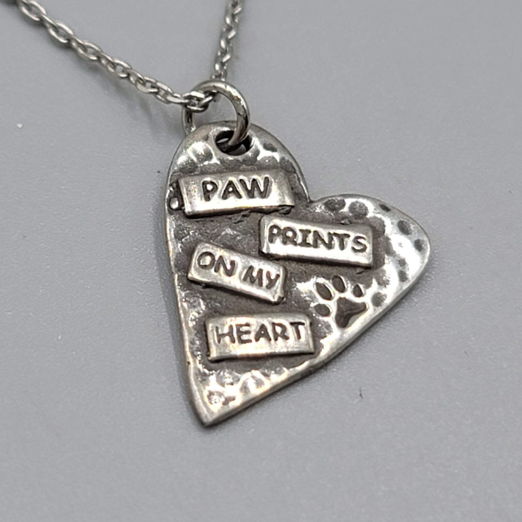 Paw Prints on my Heart Pendant Necklace Silver tone Chain 18"