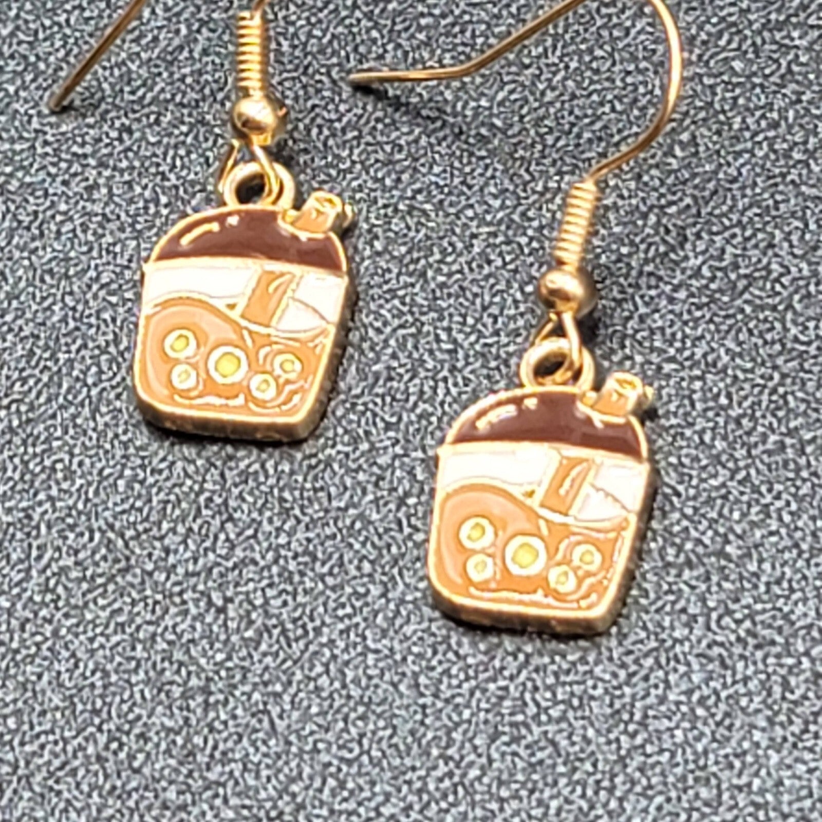 Boba Tea Pierced Earrings Gold tone Coffee Drink Dangle Enamel 1/2"