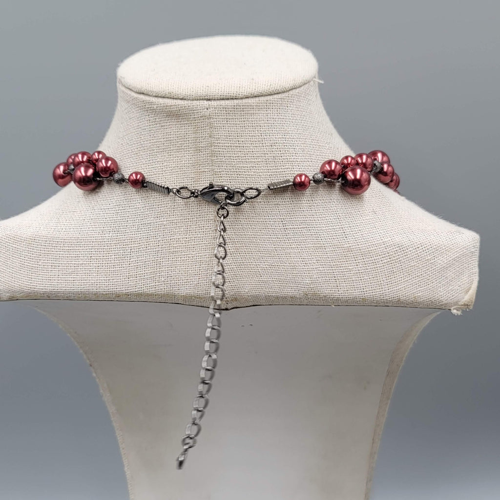 Statement Beaded Necklace Red Faux Pearls Silver Tone Cluster Adjustable 16-18"