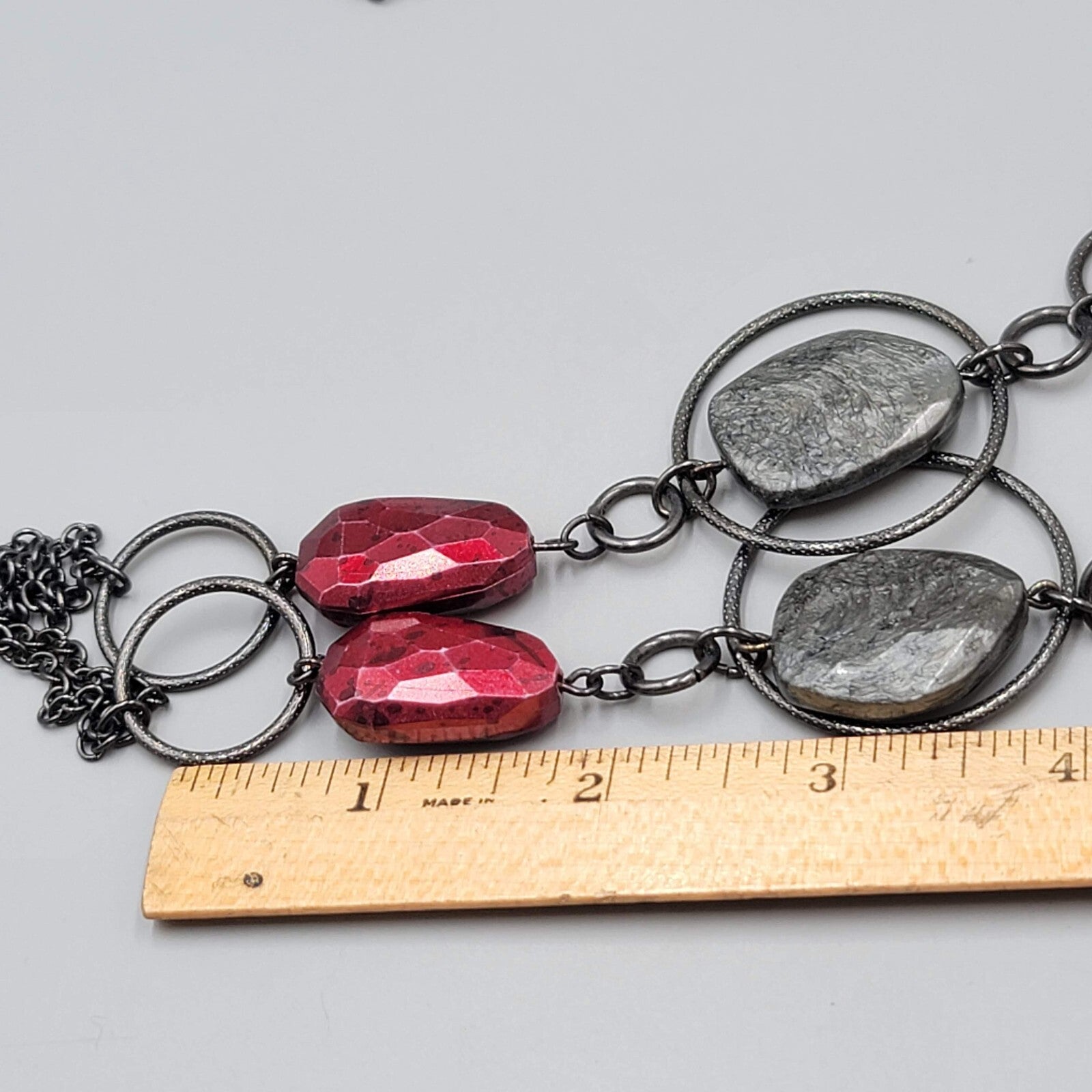 NY Necklace Black Metal Red Gray Bead Statement Long 36"+