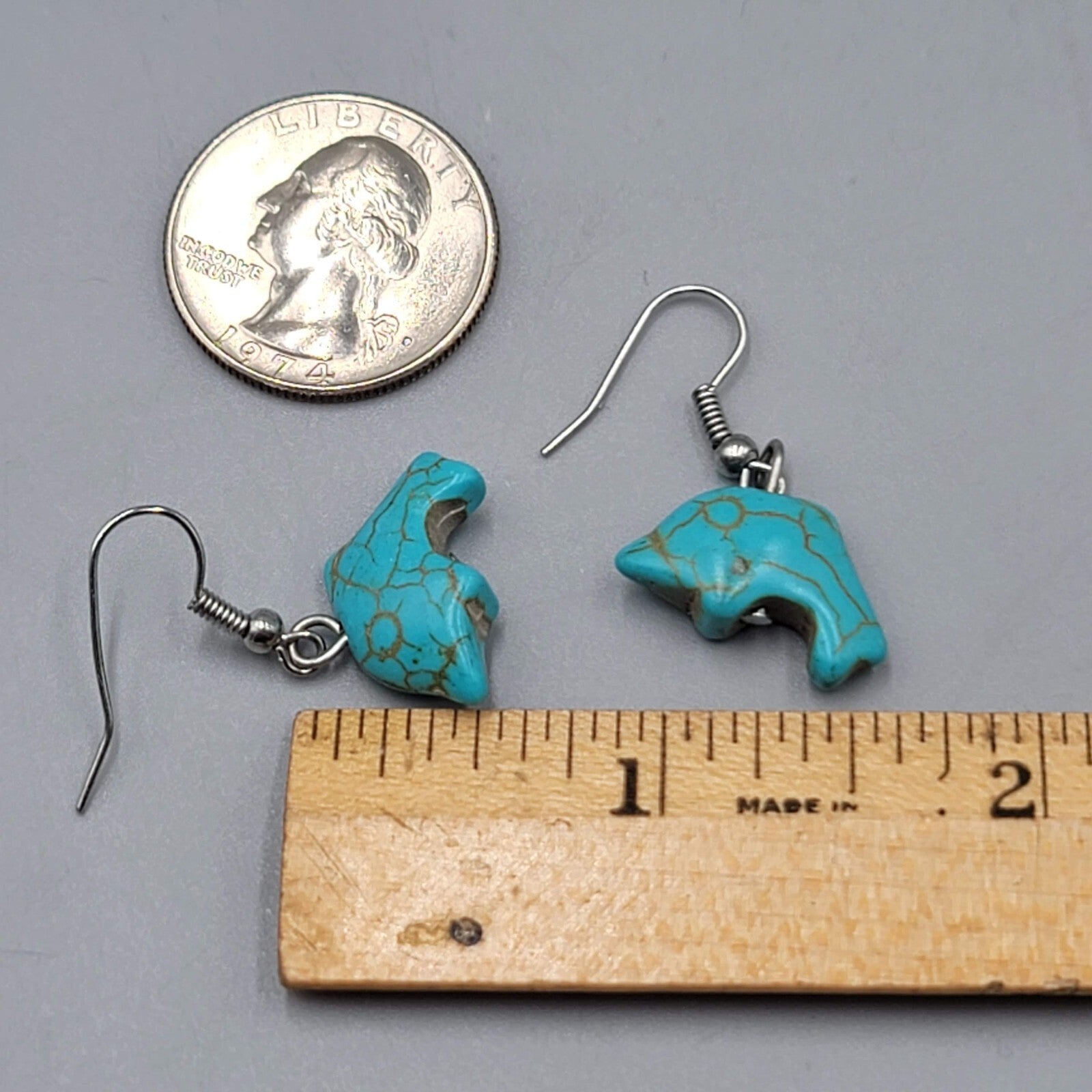 Dolphin Pierced Earrings Blue Howlite Stone Silver tone Dangle 3/4"