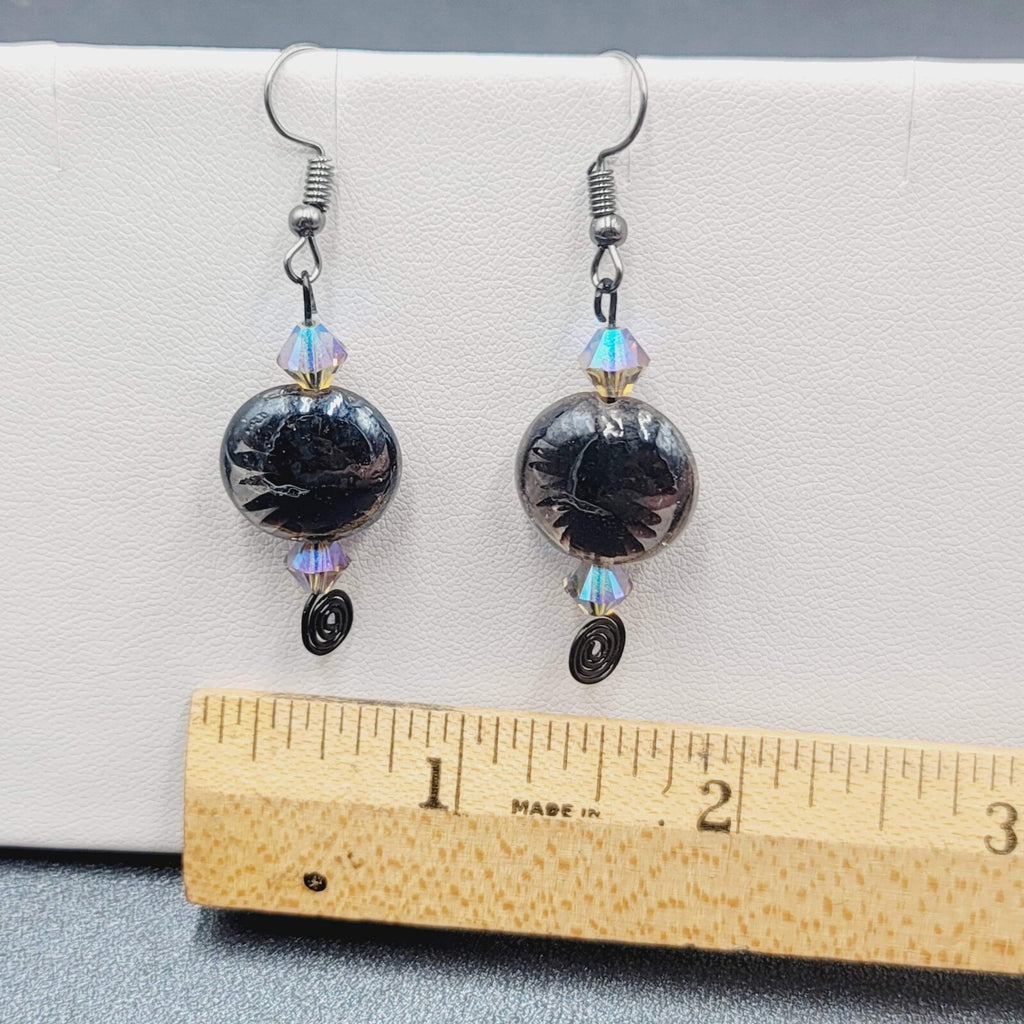 Pierced Earrings Black Art Glass Bead Crystal Black Wire Dangle 1.5"