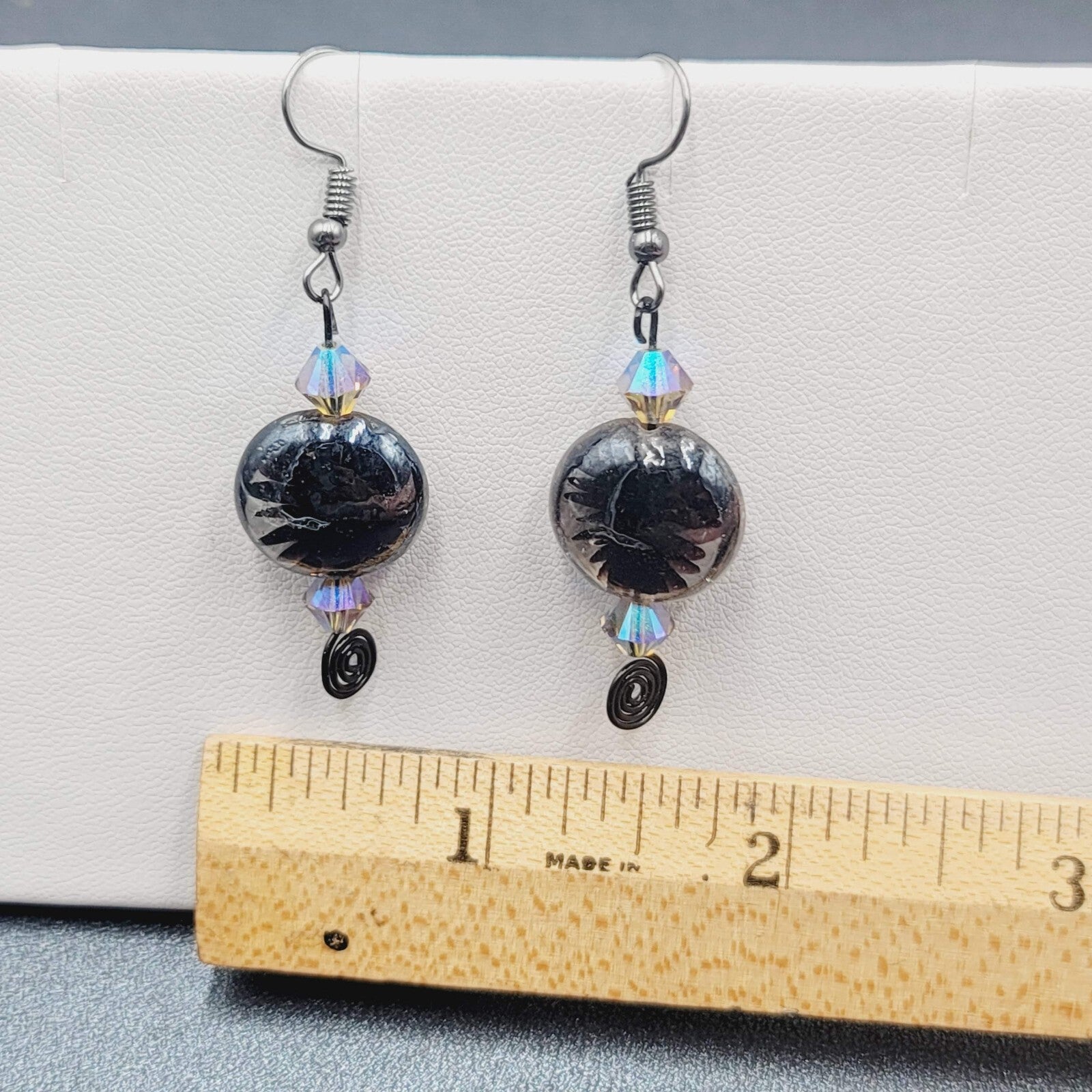Pierced Earrings Black Art Glass Bead Crystal Black Wire Dangle 1.5"