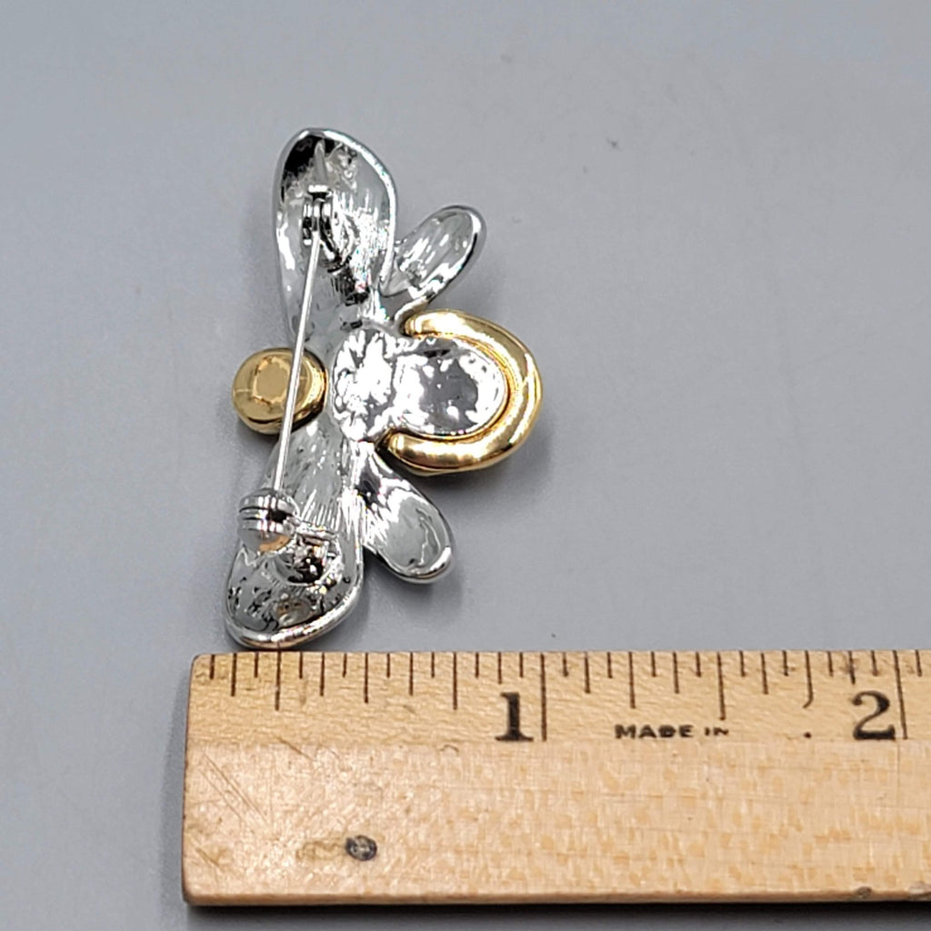 Vintage Bee Brooch Gold and Silver toen Black Enamel High Polish 1 5/8"