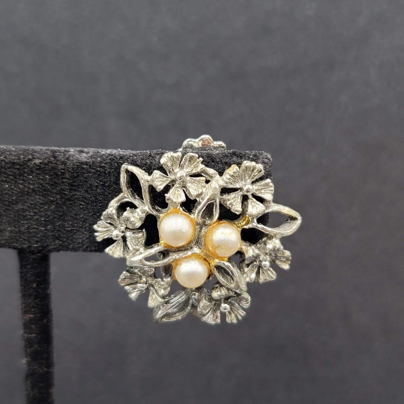 Vintage Clip on Earrings Silver tone Faux Pearl Open Work Drop 1"