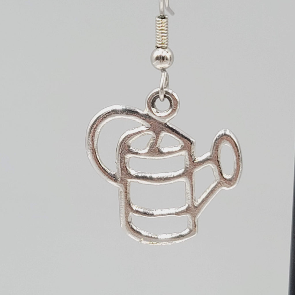 Gardener Pierced Earrings Garden Flower Watercan Silver tone Dangle 1"