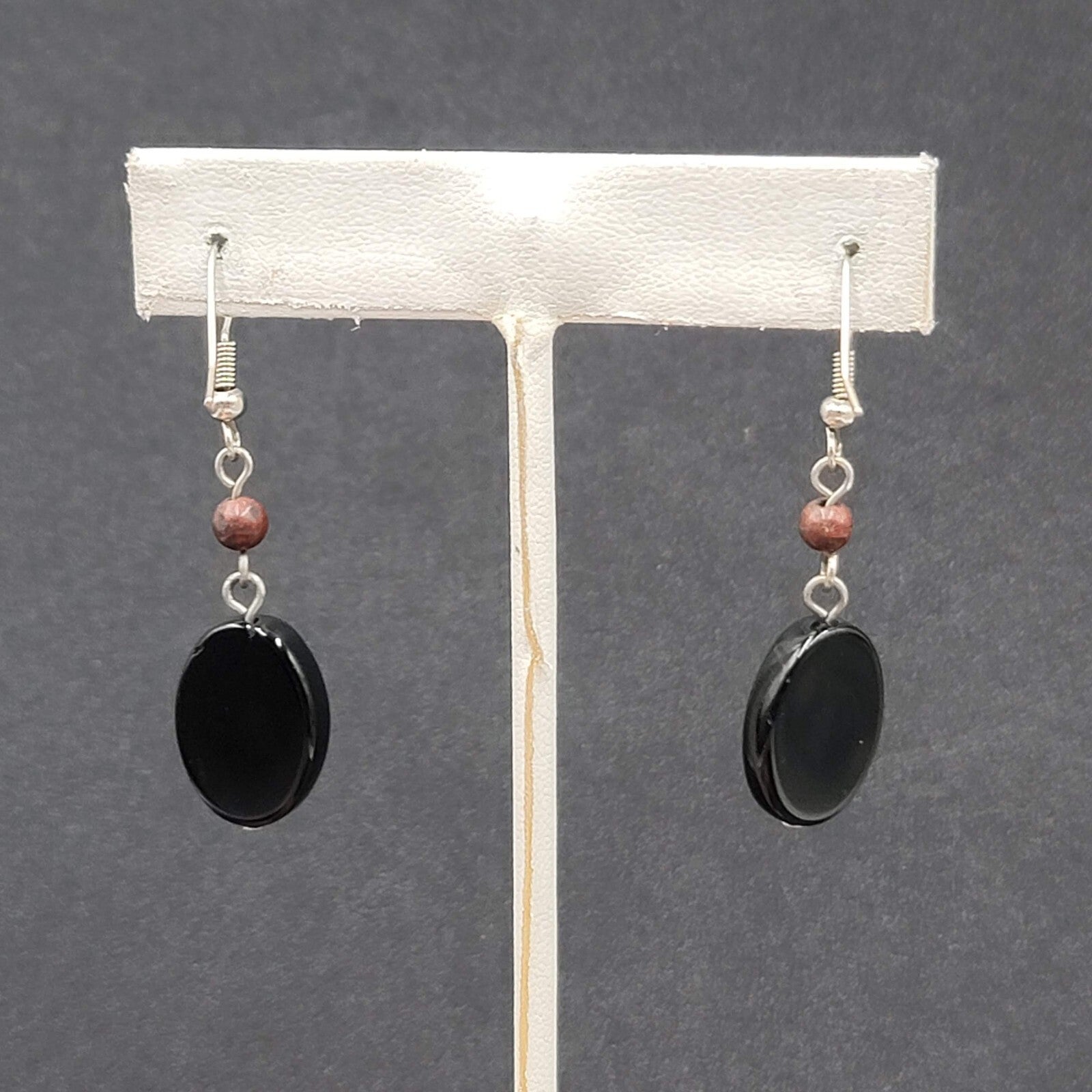 Pierced Earrings Silver tone Black Glass Oval Bead Dangle 1.25"