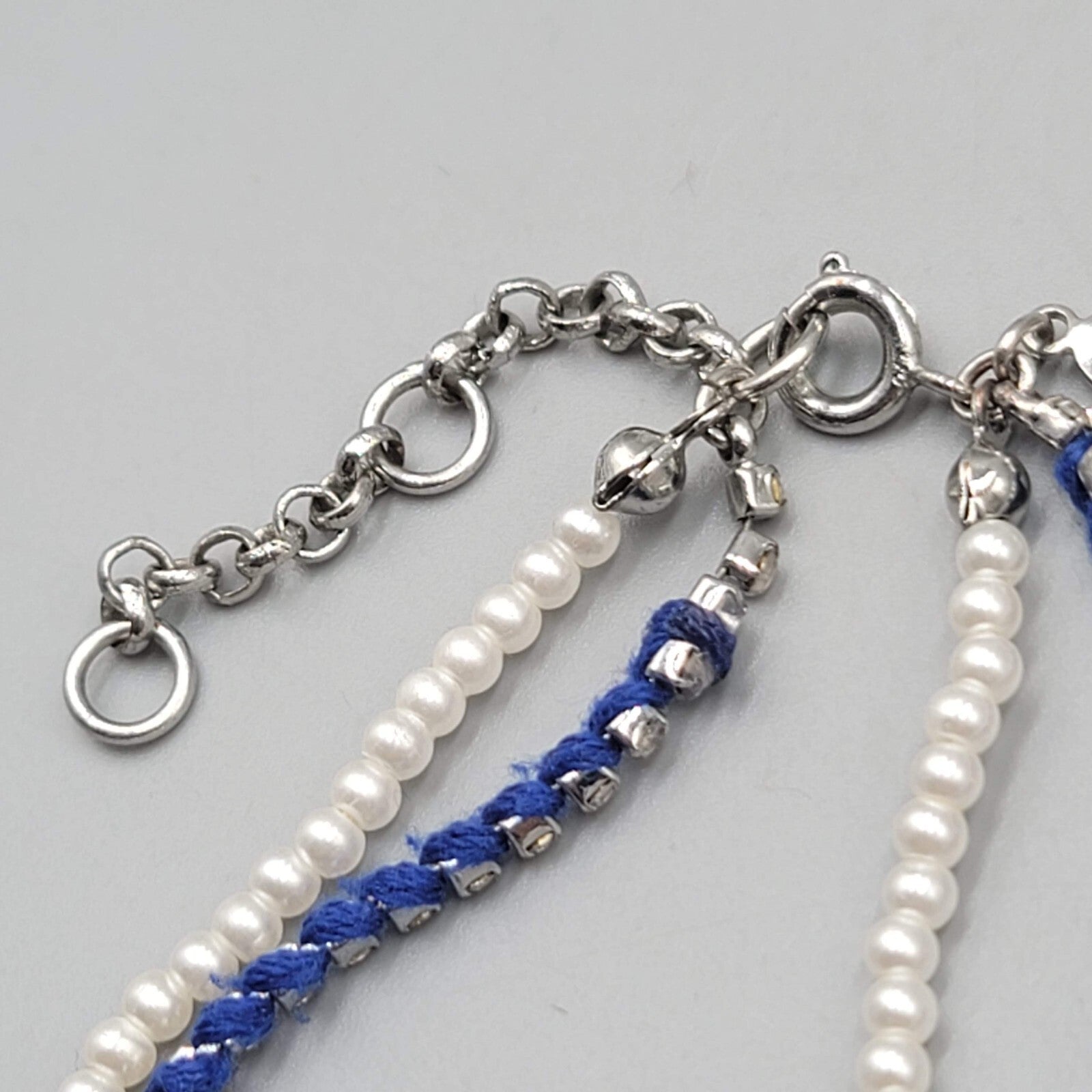 Ann Taylor Bracelet Blue White Bead Silver tone Rhinestone 6.5" - 7" - 7.5" Adj