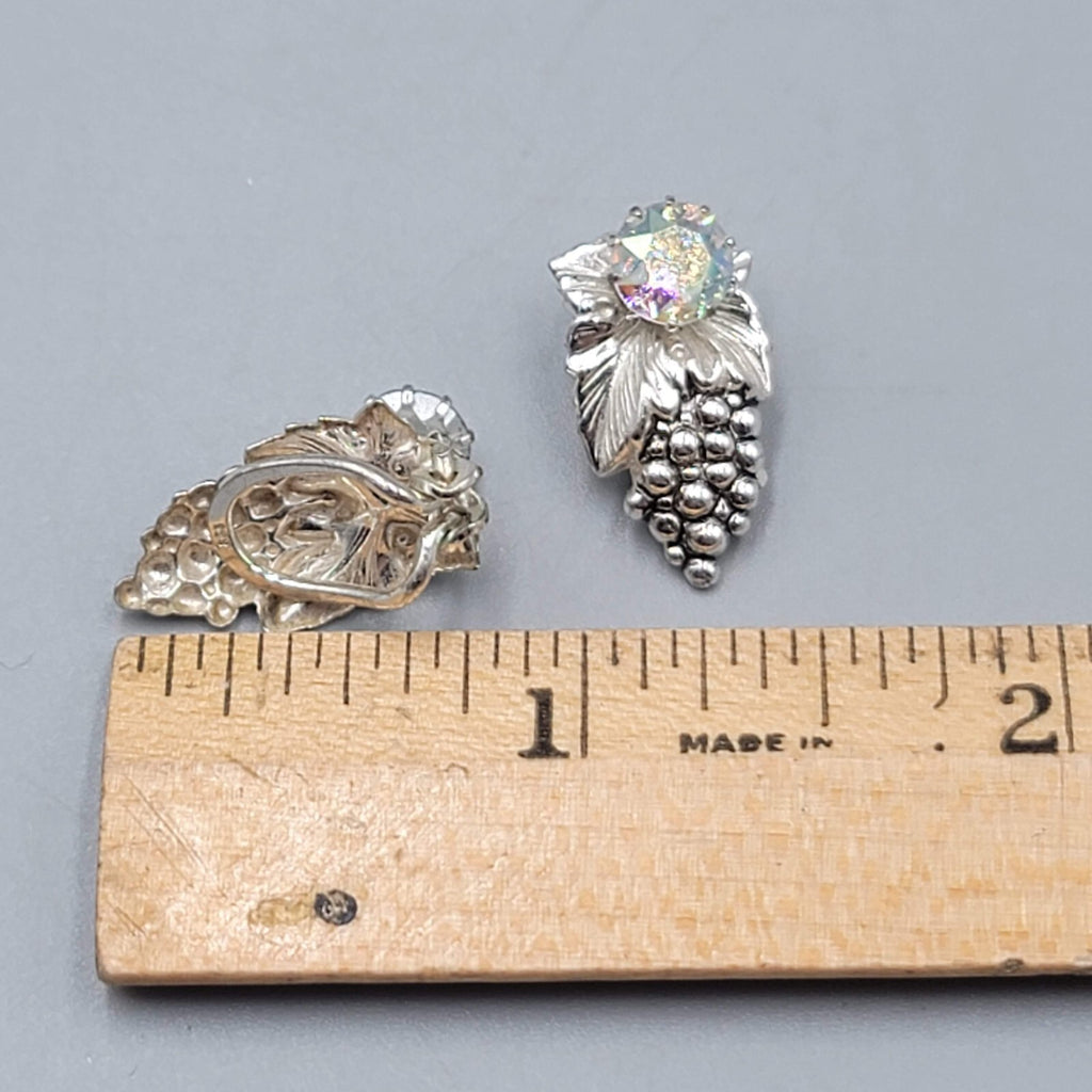 Sterling Silver Clip On Earrings Grapes AB Rhinestone Drop 3/4"