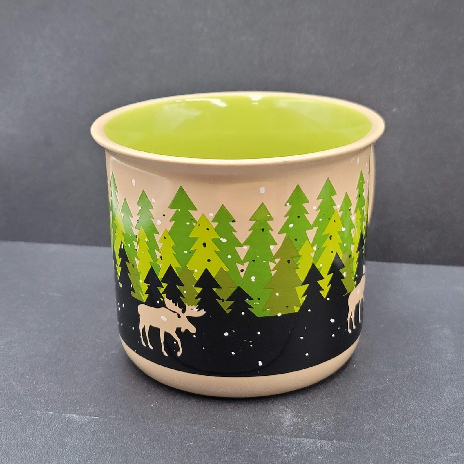 Lazy One Mug Tan Green Snowy Woodland Trees Moose Coffee Cup